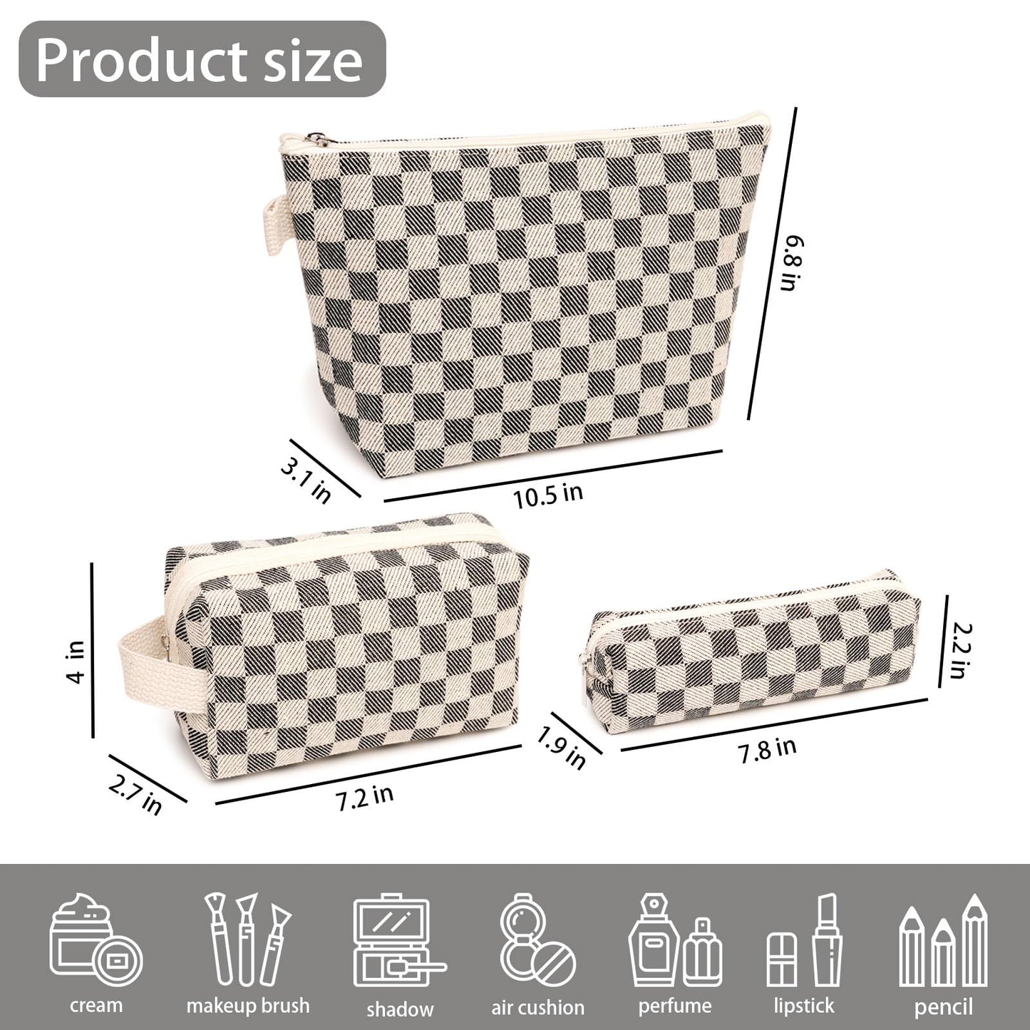 Beayuva 3 Pcs Canvas Makeup Bag Set Checkered Cosmetic Pouch for Women Travel Toiletry Bag Cute Makeup Organizer Purse Pouch Preppy Pencil Case with Zipper (Checkered Black)