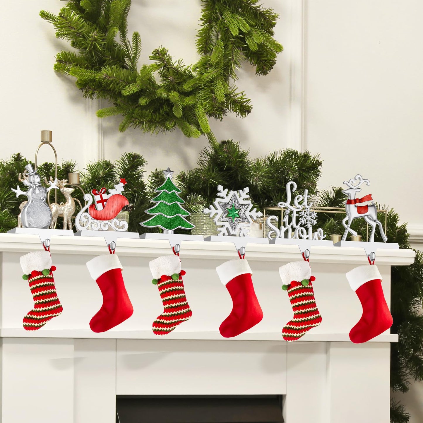 Homyplaza Christmas Stocking Holders for Mantle Weighted Metal Stocking Hangers Hooks for Fireplace Christmas Decorations (Set of 6)
