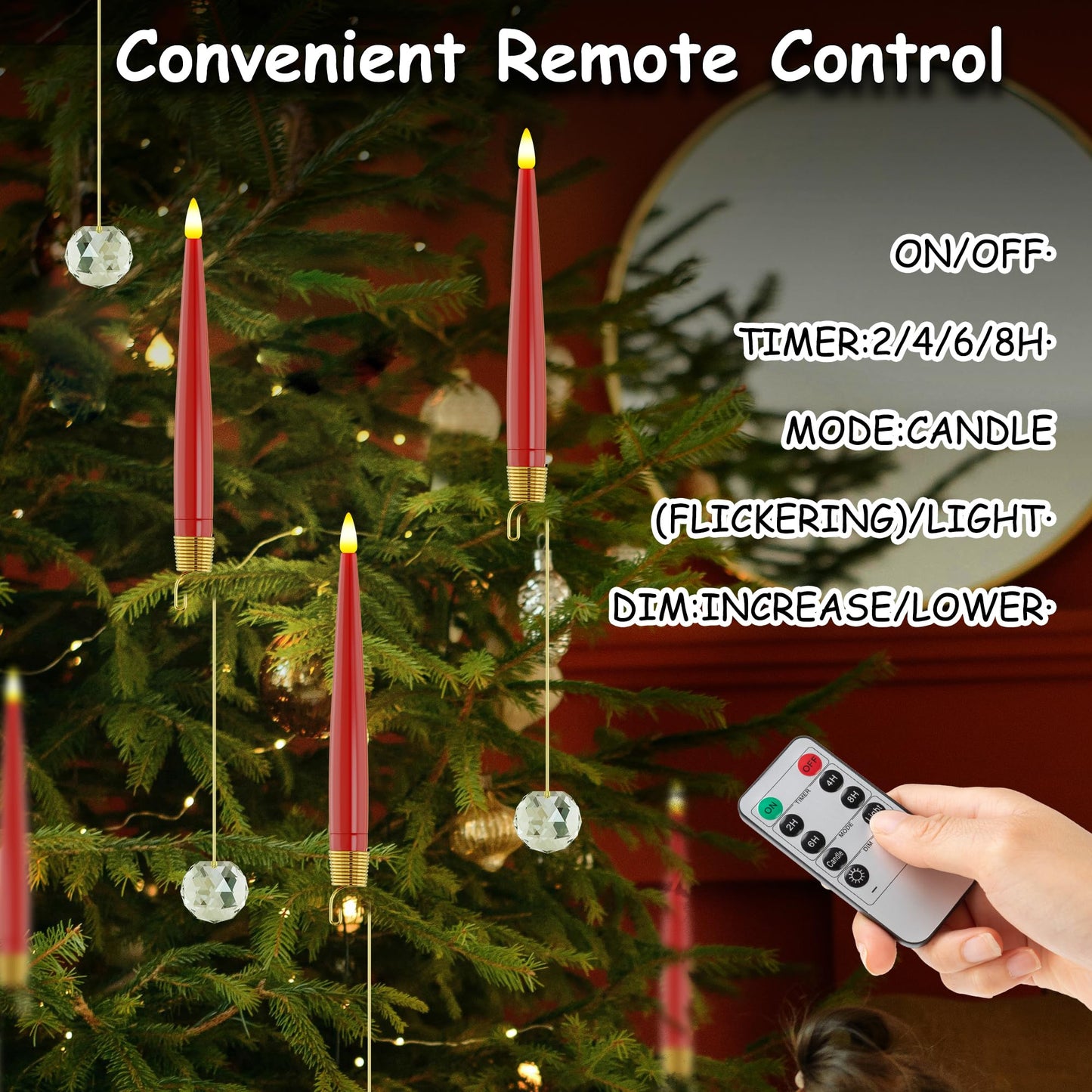 JOIONE Flameless Christmas Tree Candles with Remote, 12 Pack Battery Operated LED Candles with Suction Cup for Christmas Tree, Flickering Flame for Xmas Indoor Decor - Red Candle
