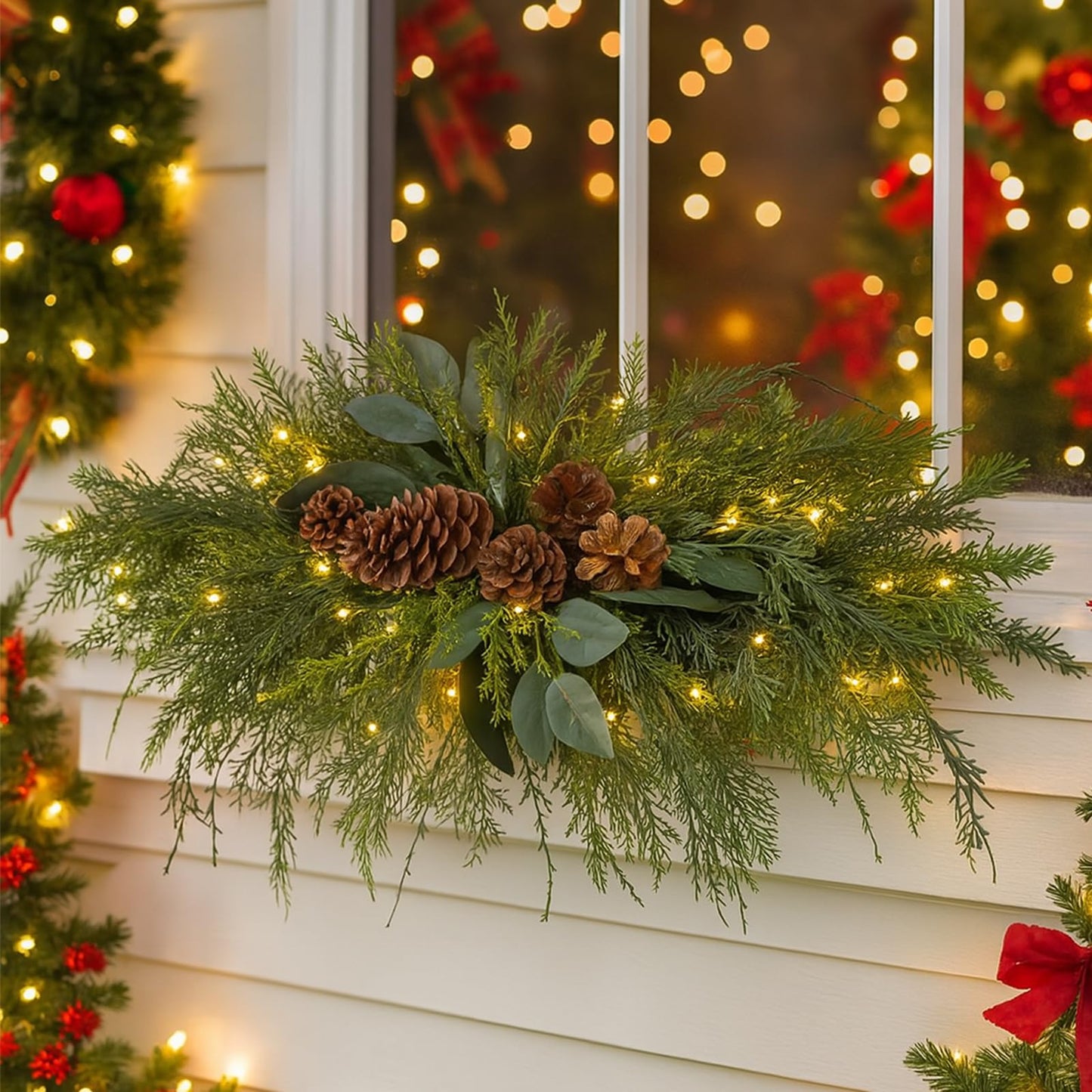 Yalikop 24.5 inch Christmas Swags with Light Artificial Pine Needles Swag Decoration Greenery Christmas Swag for Front Door Window Stair Fireplace Mantle Holiday Xmas Decor (Pine Cone)