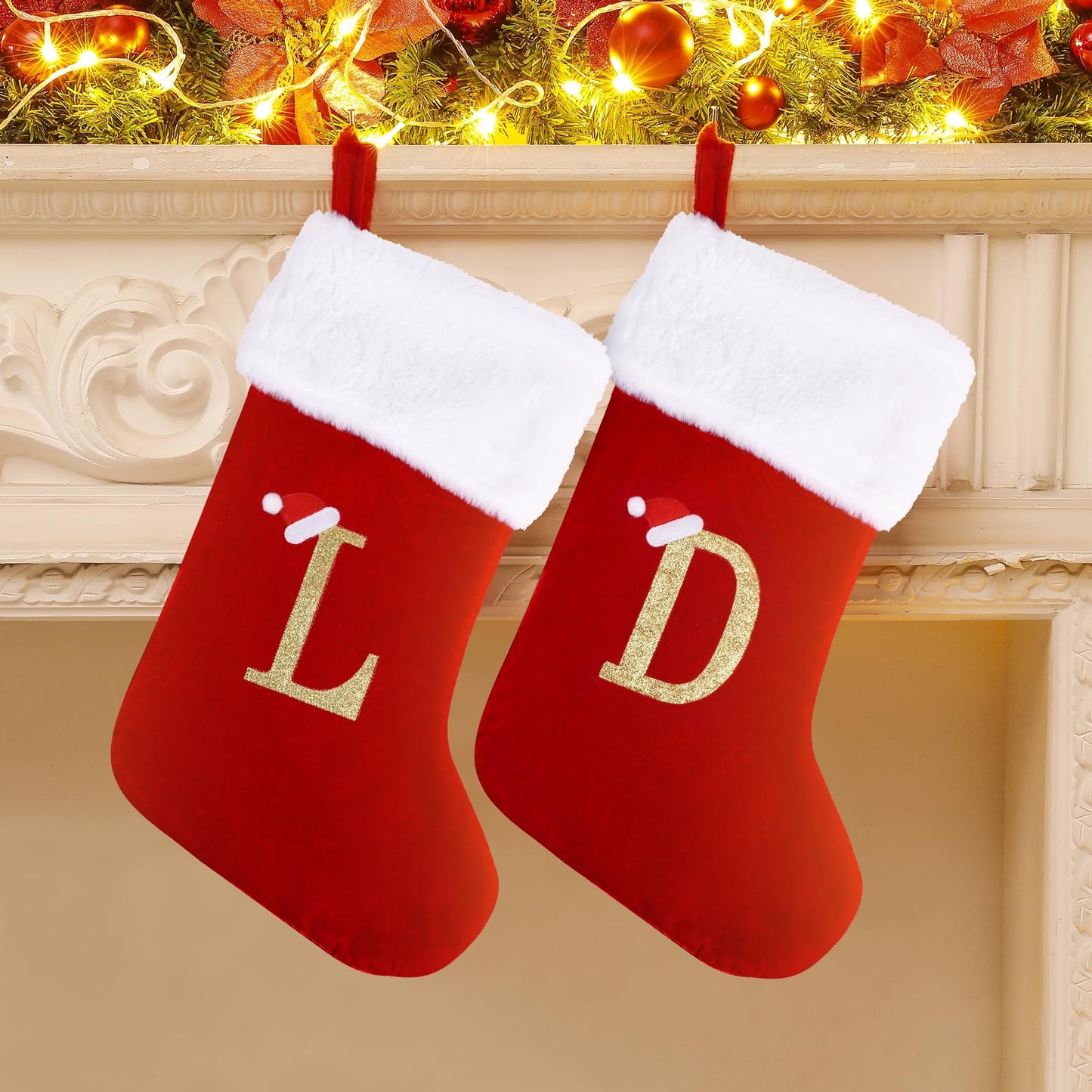 Sailup 20 Inches Monogram Christmas Stockings with Letters, Large Super Soft Christmas Stockings Red Velvet with White Super Soft Plush Cuff for Christmas Xmas Tree Holiday Fireplace (I)