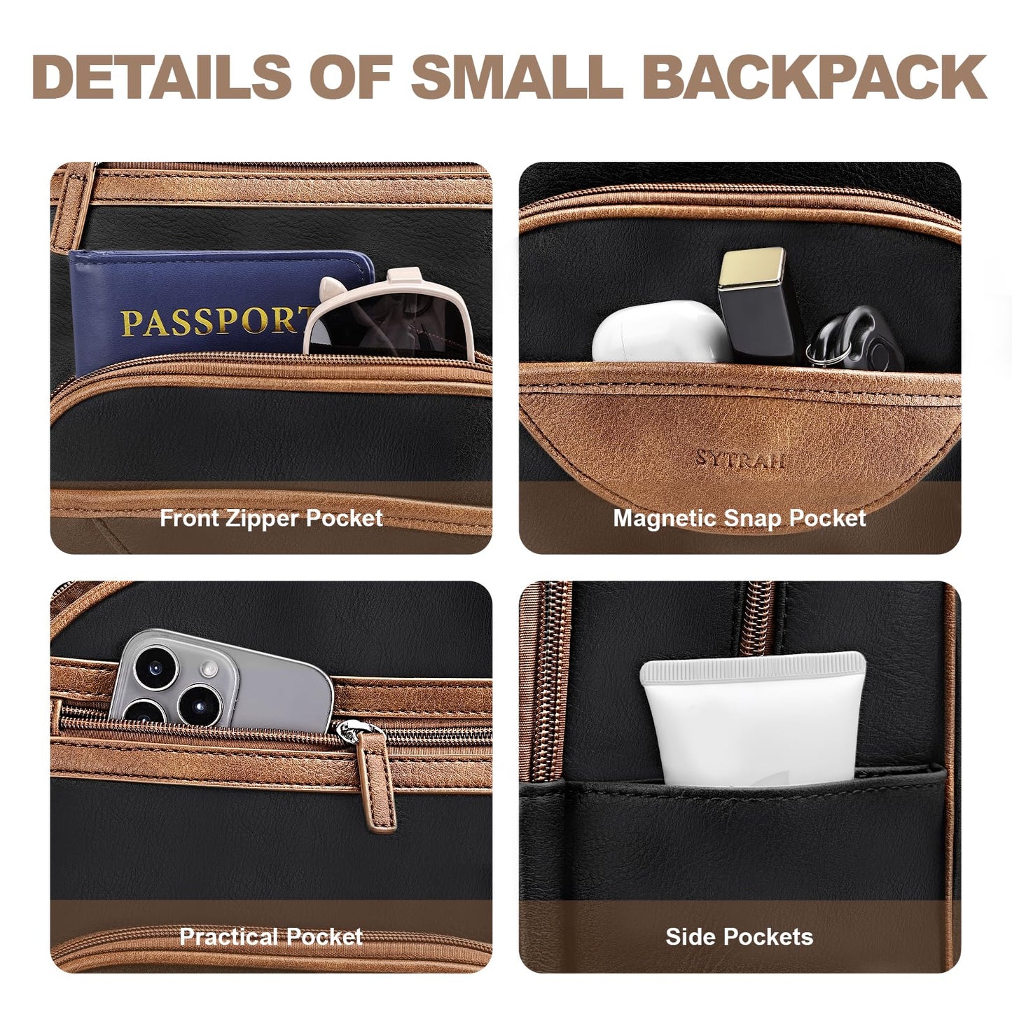 SYTRAH Small Backpack Purse for Women, Mini Backpack Vegan Leather with RFID Blocking & Tablet Pocket, Cute Shoulder Handbag for Travel, School & Work Black Brown