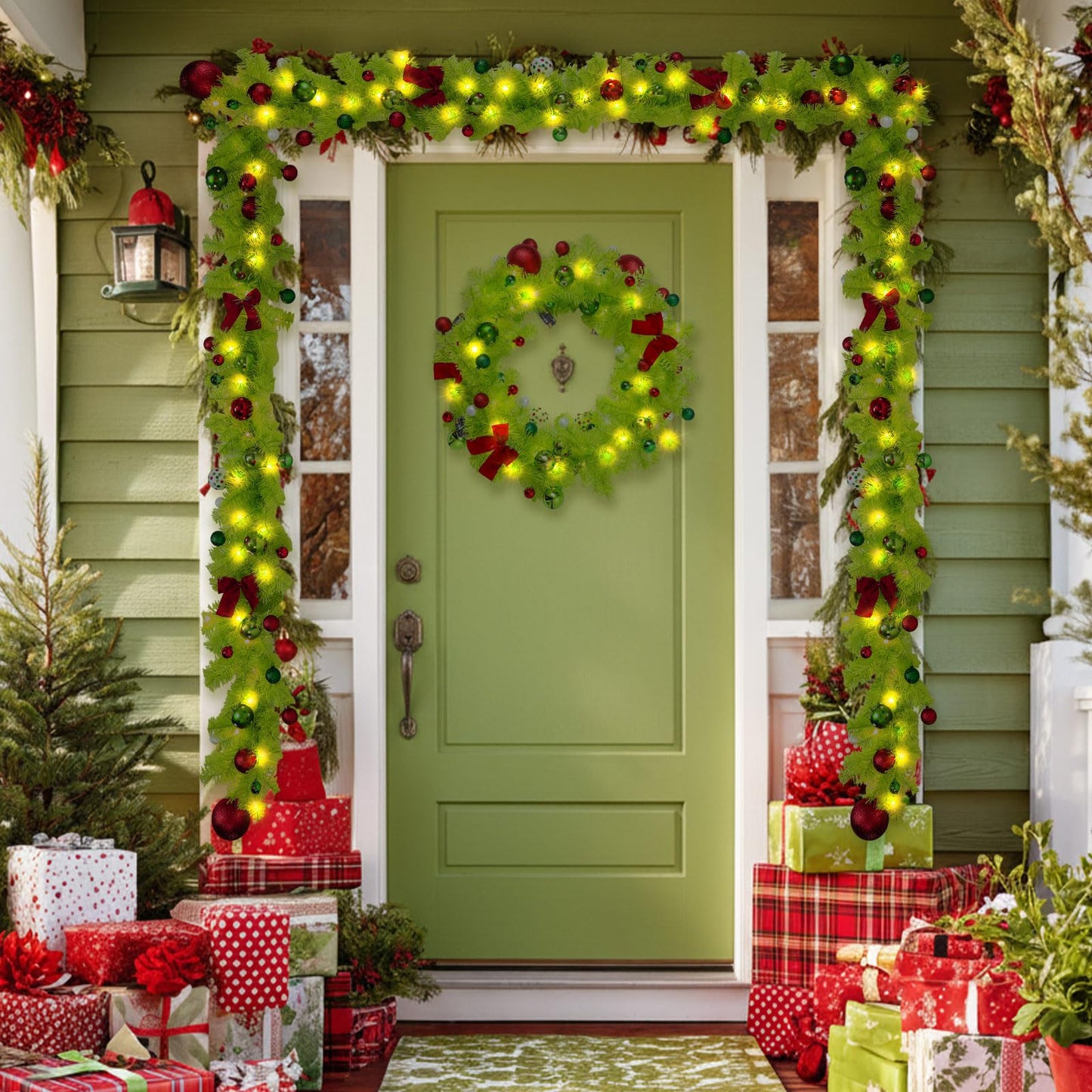 Jutom 6 Feet Christmas Green Garland with Red Green Balls Xmas Tree Winding Garland Artificial Furry Stripe Accessory for Front Door Fireplace Table Centerpiece Outdoor Decor