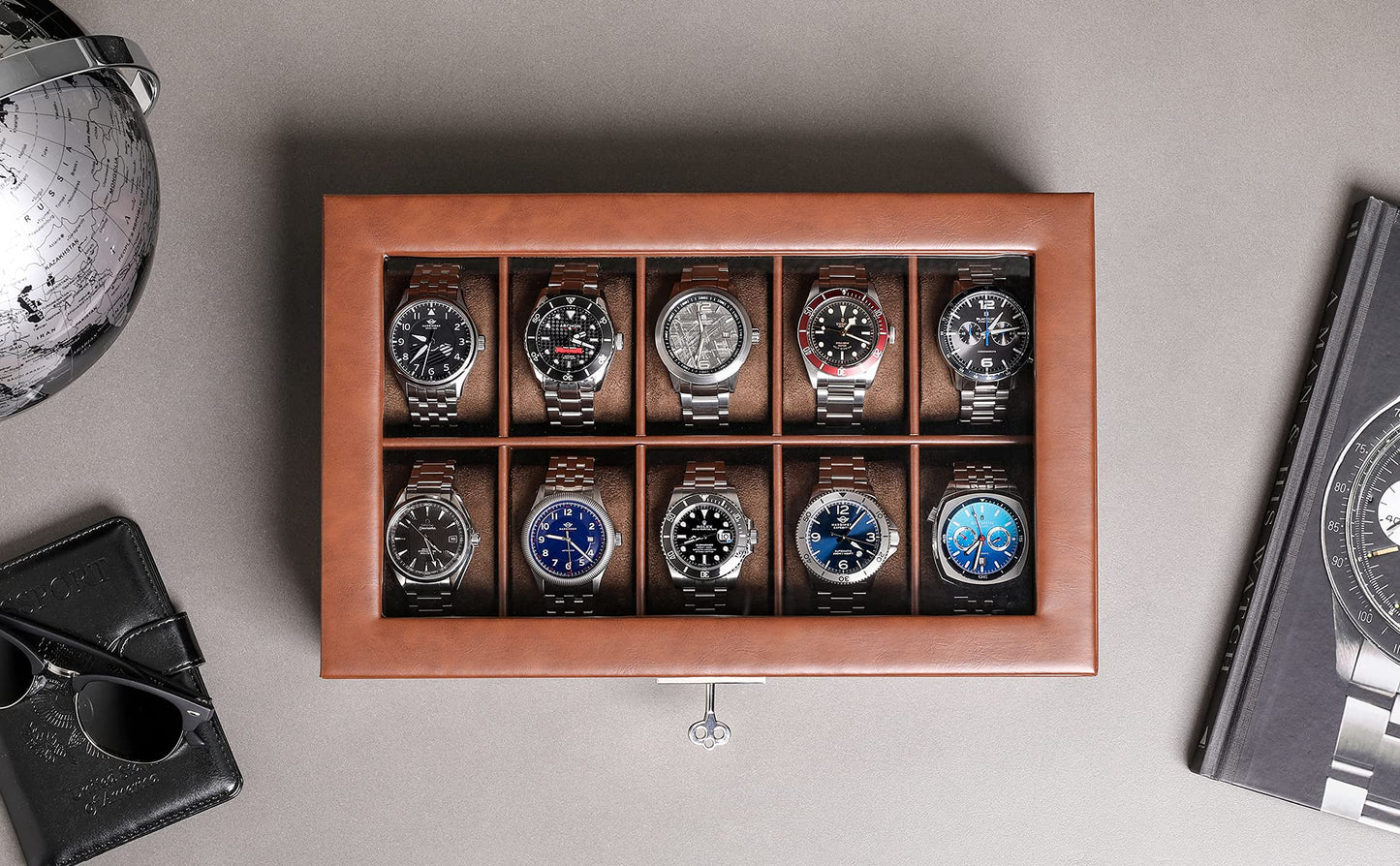 ROTHWELL 10 Slot Leather Watch Box - Luxury Case Display Jewelry Organizer - Locking Watch Display Case Holder with Large Glass Top - Box Organizer for Men and Women (Tan/Brown)