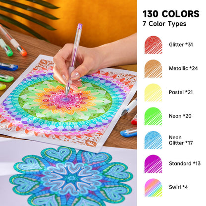 Shuttle Art Gel Pens, 130 Colors Gel Pen with 1 Coloring Book in Travel Case for Adults Coloring Books Drawing Crafts Scrapbooking Journaling
