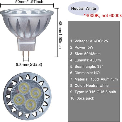 ALIDE MR16 GU5.3 Led Bulbs 5W 4000K Neutral/Natural White,20W-35W Halogen Equivalent,12V MR16 Low Voltage Bulbs for Outdoor Landscape Flood Ceil Track Lighting,Not Dimmable,450lm,38 Deg,6 Pack