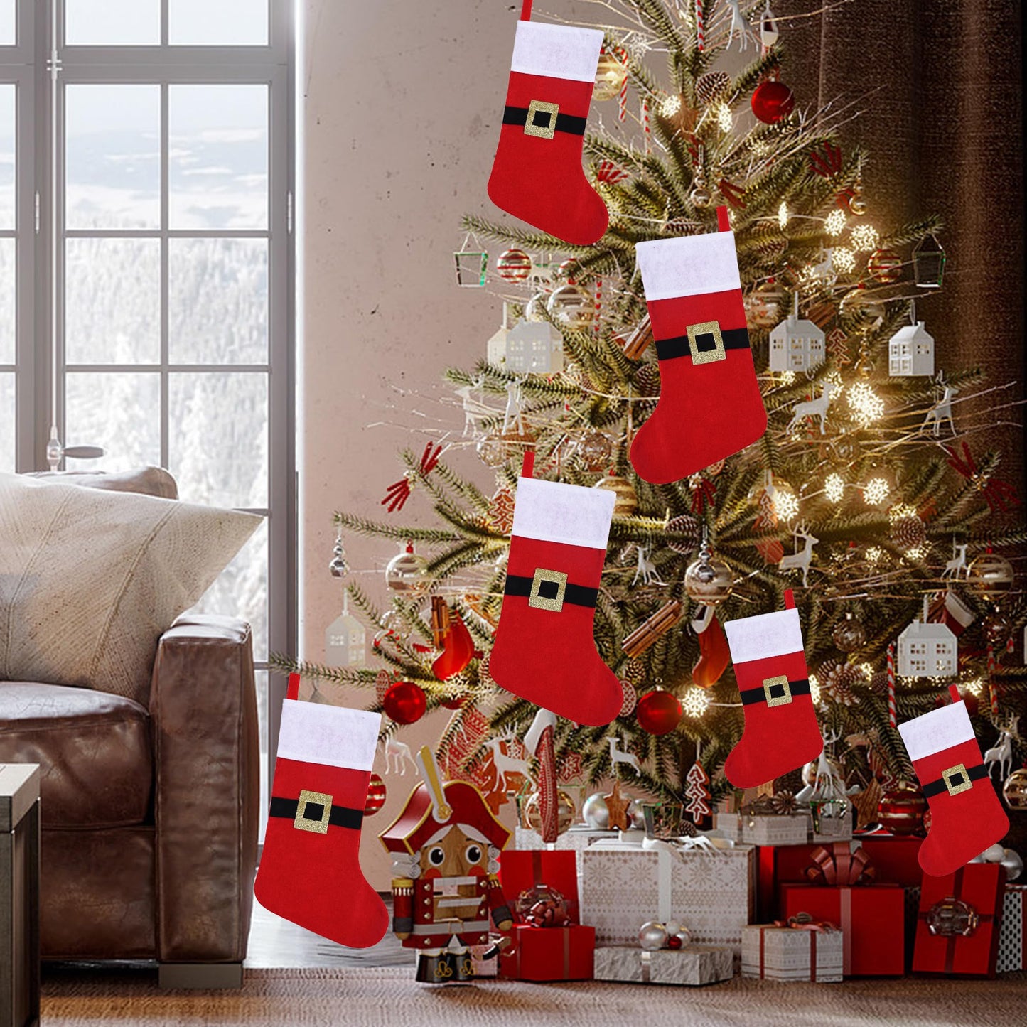 Tokforty 12 Pack Felt Christmas Stockings with Buckle, 19 Inches Red and White Christmas Stockings Hanging Ornaments, White Cuff with Buckle Christmas Stocking for Family Christmas Holiday Decorations