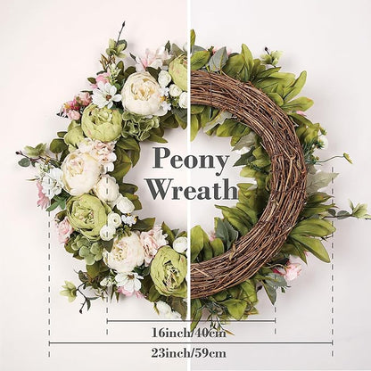 Peony Wreath 23" Floral Artificial Wreath for Front Door Wall Decor Home Décor Festival Celebration Wedding Party New Owners Seasonal Decoration Housewarming Gifts EZsenses (Green)