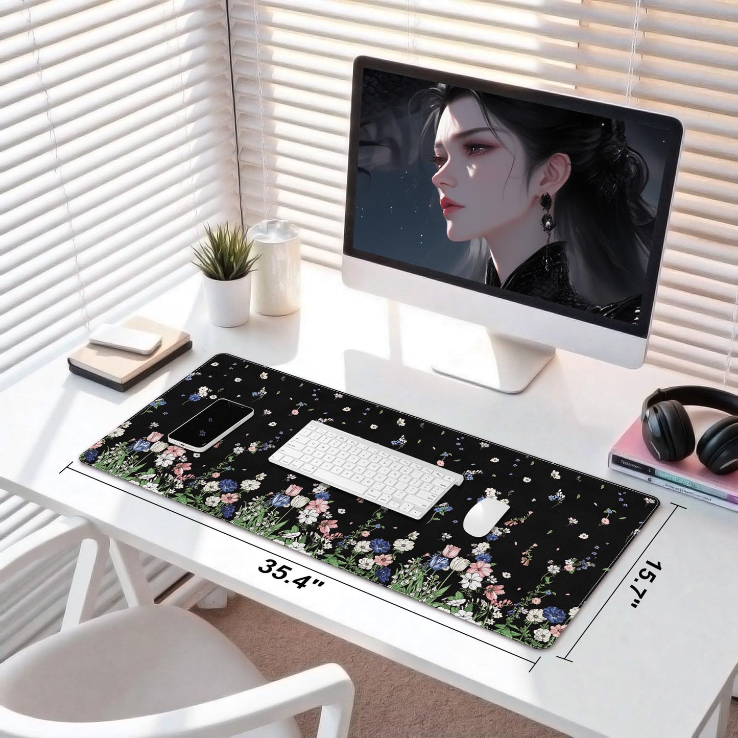 DINKY Leather Desk Protector Mouse Pad, Large Keyboard Mat, Non-Slip PVC Leather Blotter, Black Laptop Pad, Waterproof Writing Pad for Office Home 35.4" x 15.7", Flower Rain
