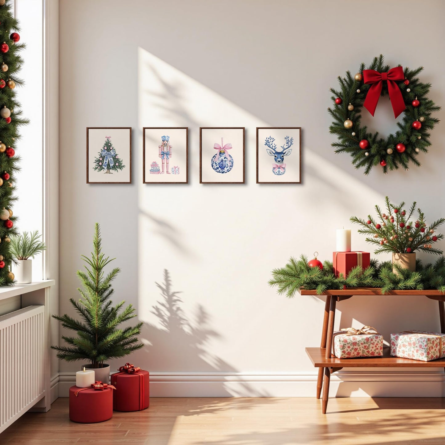 DOFQZ Pink Chinoiserie Christmas Wall Art Prints Set of 4, Grandmillenial Christmas Decor, Preppy Bauble Xmas Tree Nutcracker Reindeer Holiday Posters for Girls Dorm Apartment Decor, 8x10 Unframed