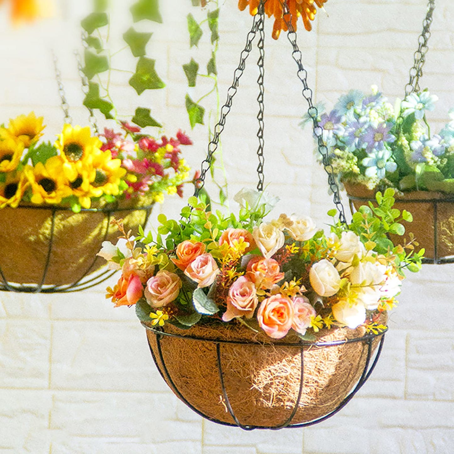 JFFLYIT Metal 10 inch Round Planter, 4 Pack Hanging Wire Basket with Coco Fiber Liners, for Outdoor Plants Decoration