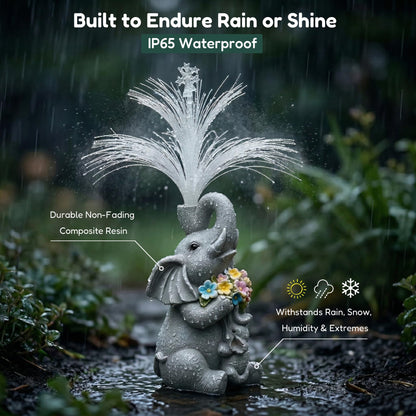 Vuees Solar Elephant Statue with Fiber Optic Light, Resin Animal Figurine Garden Decor, Waterproof Outdoor Sculpture Ornament for Patio, Yard, Porch and Lawn Decoration