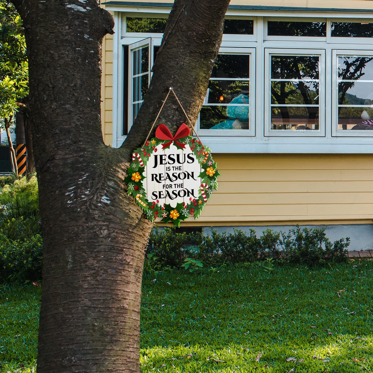 Jesus Is The Reason Wall Decor Sign - Religious Christmas Home Sign for Front Door Porch Decorations - Wood Hanging Plaque