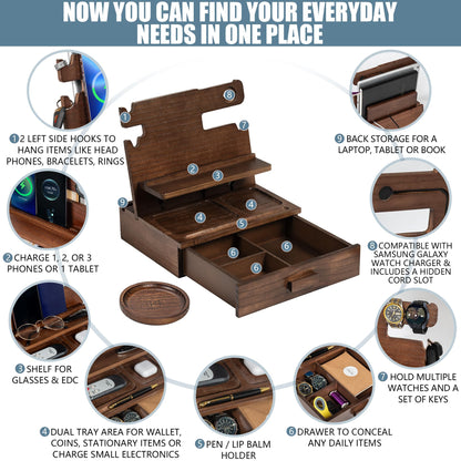 Black Wood Phone Docking Station for up to 3 Phones - Nightstand Organizer for Men & Women, Compatible with Apple Watch, Holds Phones, Tablets, Keys, Rings, Glasses, Watches, EDC & More