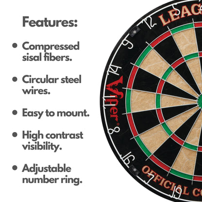 Viper League Pro Sisal Bristle Dart Board for Adults Starter Set with Cricket Scoreboard, Regulation 17.75 Inch Steel Tip Dartboard, 3 Darts, and Chalk