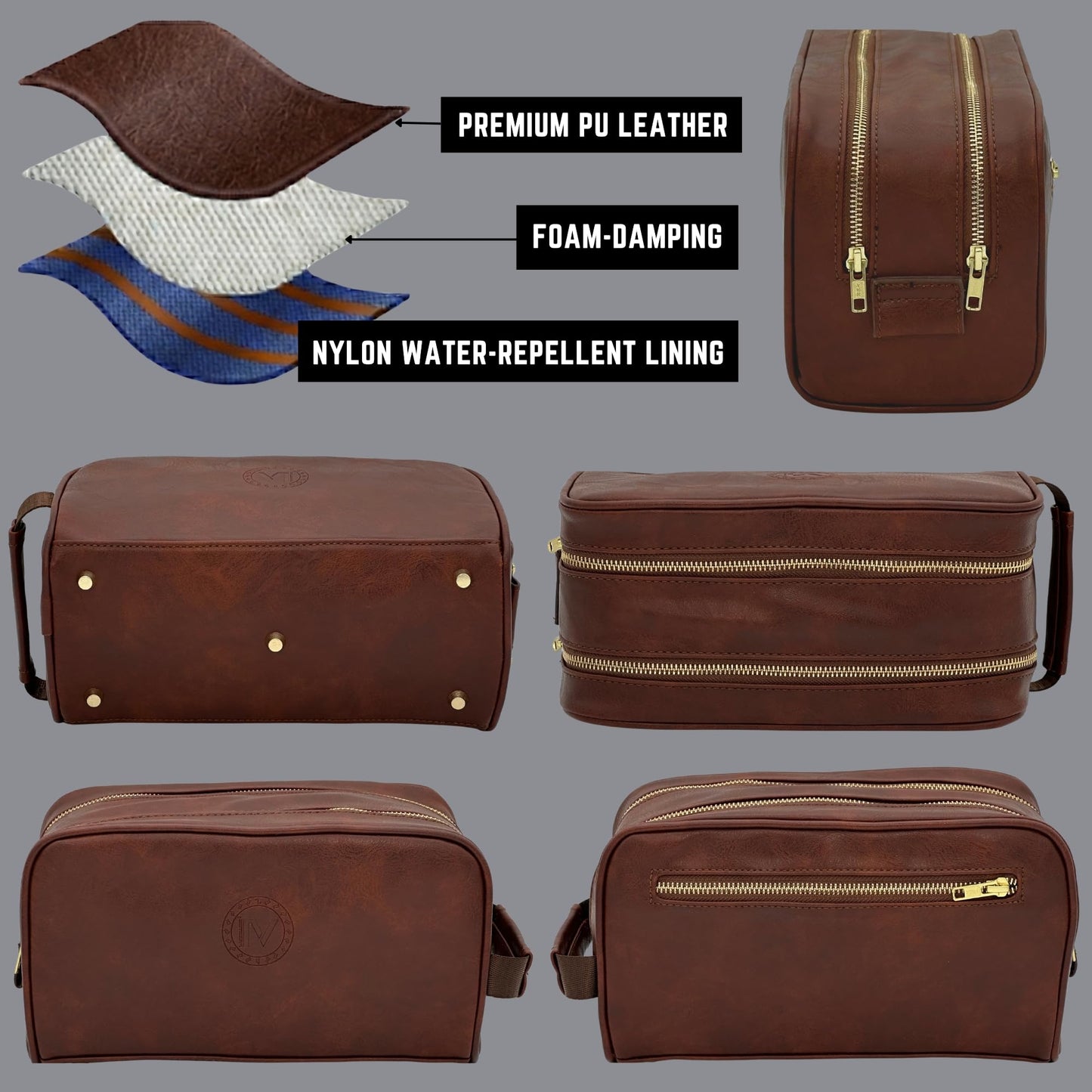 Toiletries bag for men, Premium PU Leather Dopp with Metal Zippers & Bottom Studs, Waterproof Grooming Kit for Men, Mens Birthday Gift, Includes Velvet Dust Bag & Shape-Retention Stuffing / DARK BROWN