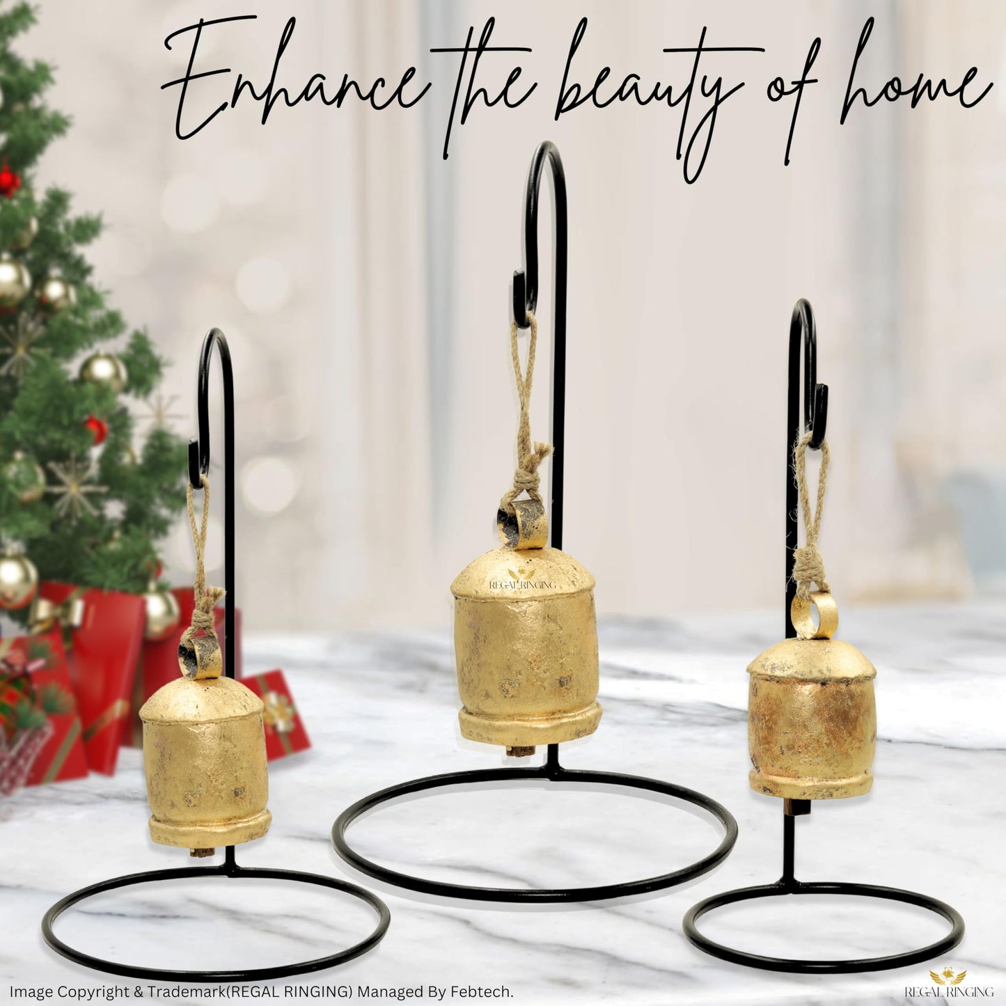 Pack of 3 Golden Bells with Metal Stand in Black Colour in Single Pack, Harmony Cow Bells Christmas Hanging XL Bells On Rope (3, Round)