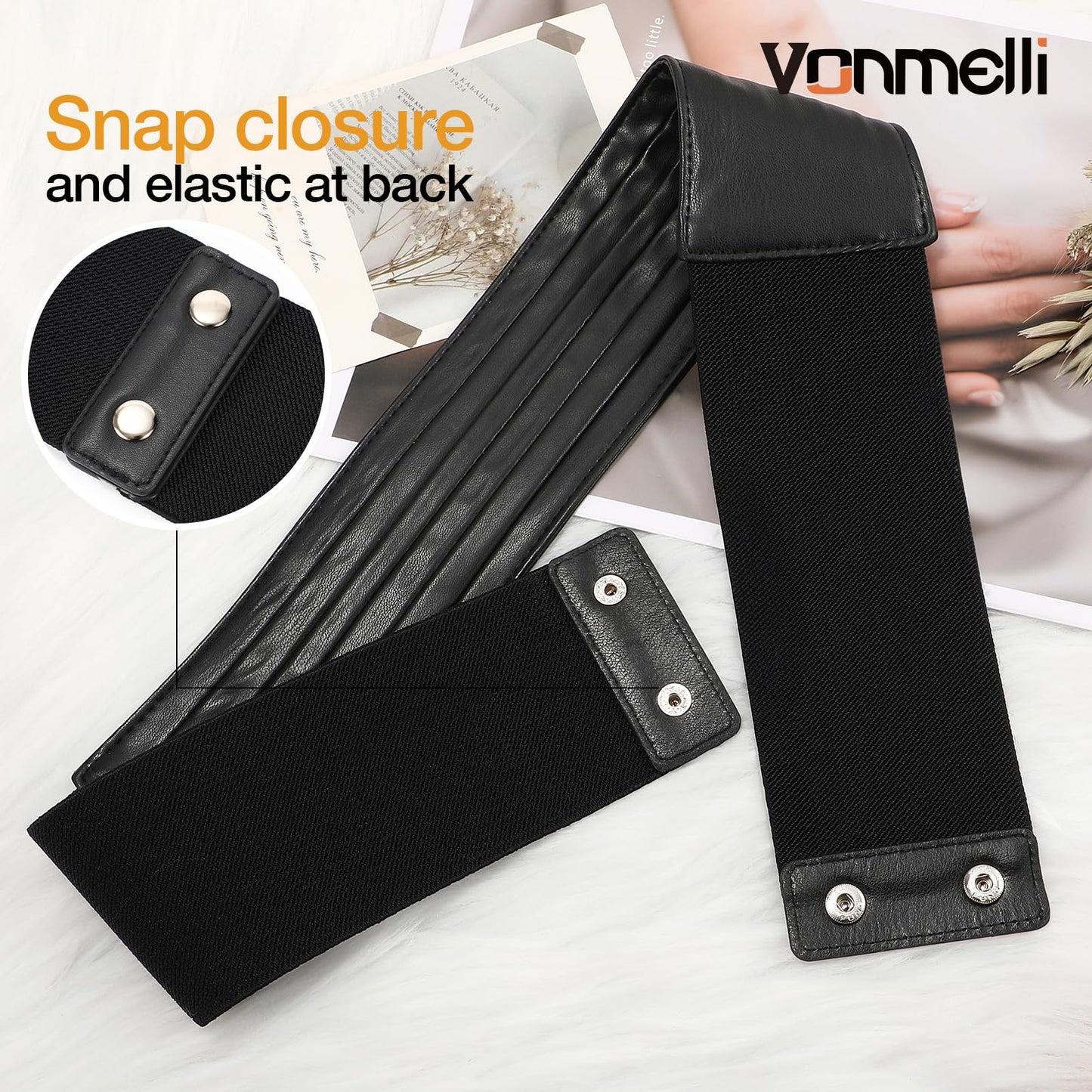 VONMELLI Wide Elastic Belts for Women Dresss Fashion Stretchy Black Waist Leather Belt Ladies Corset Belts, M