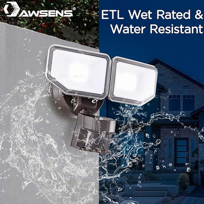 40W LED Security Lights Motion Sensor Light Outdoor, 180 Degree, 4000LM, 5000 K, ETL Water Resistant, Clear 2 Head Motion Detector Flood Light for Garage, Yard 2-Pack (Bronze)