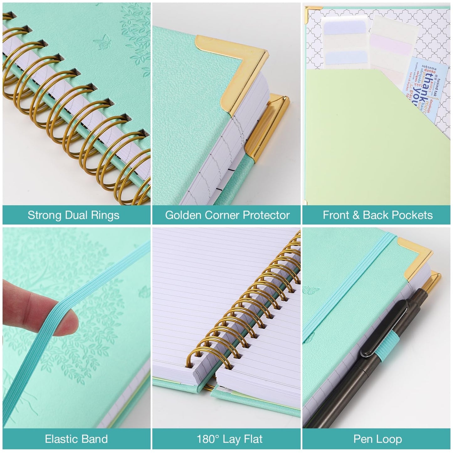 Spiral Notebook, College Ruled Notebook, 8" x 10", 300 Pages Leather Journals for Writing, B5 Hardcover Journaling Notebooks for Work School, 24pcs Tabs, Large Embossed Journal for Women Men, Green