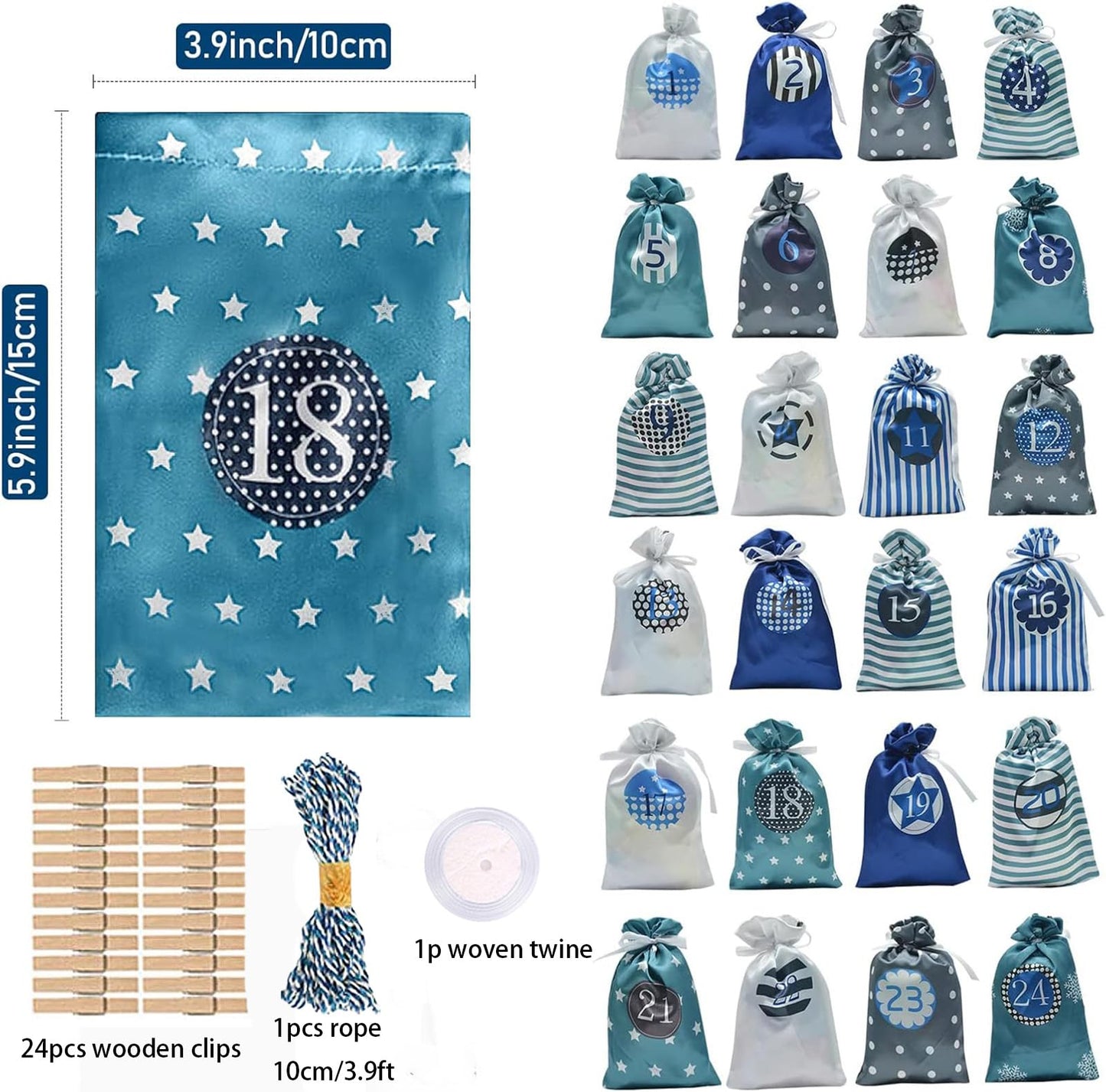 24 Pcs Christmas Drawstring Gift Wrap Bags Reusable Advent Calendar Bags Cute Xmas Candy Toys Goody Treat Bag Pocket for Holiday Weedings Birthdays Party Favor Home Storage Gift Bag
