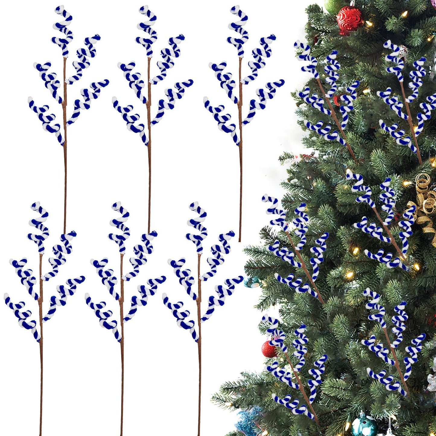 Briful 6 Pack Candy Cane Christmas Picks Spray, 17.7" Blue & White Candy Christmas Ornaments Xmas Tree Picks for Holiday Wreath Garland Vase Arrangement Decor