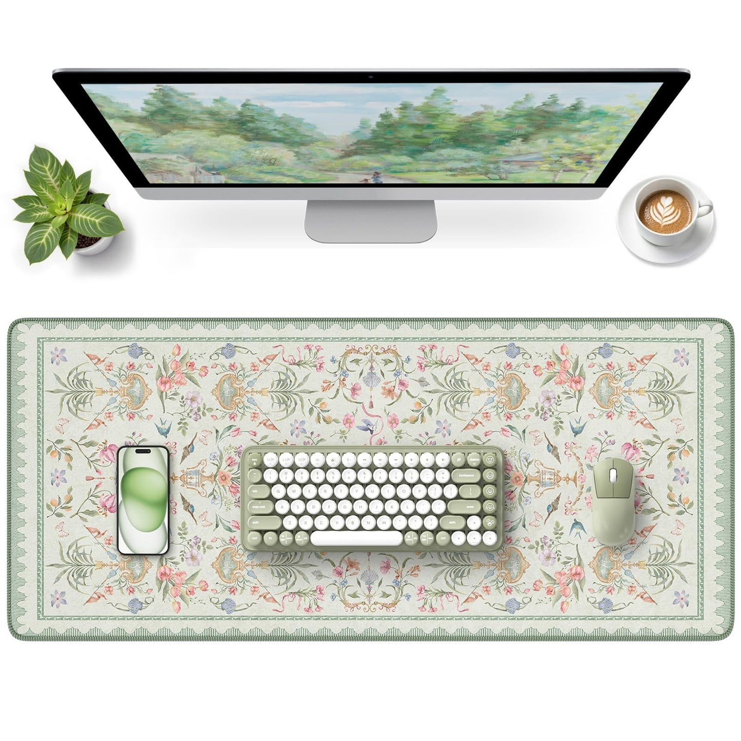 HAOCOO Floral Mouse Pad, 35.4" x 15.7" Waterproof Makeup Mat, Cute Aesthetic Desk Decor Pad, Women Office Keyboard Matt with Stitched Edges, Green Desk Accessories Work for Home