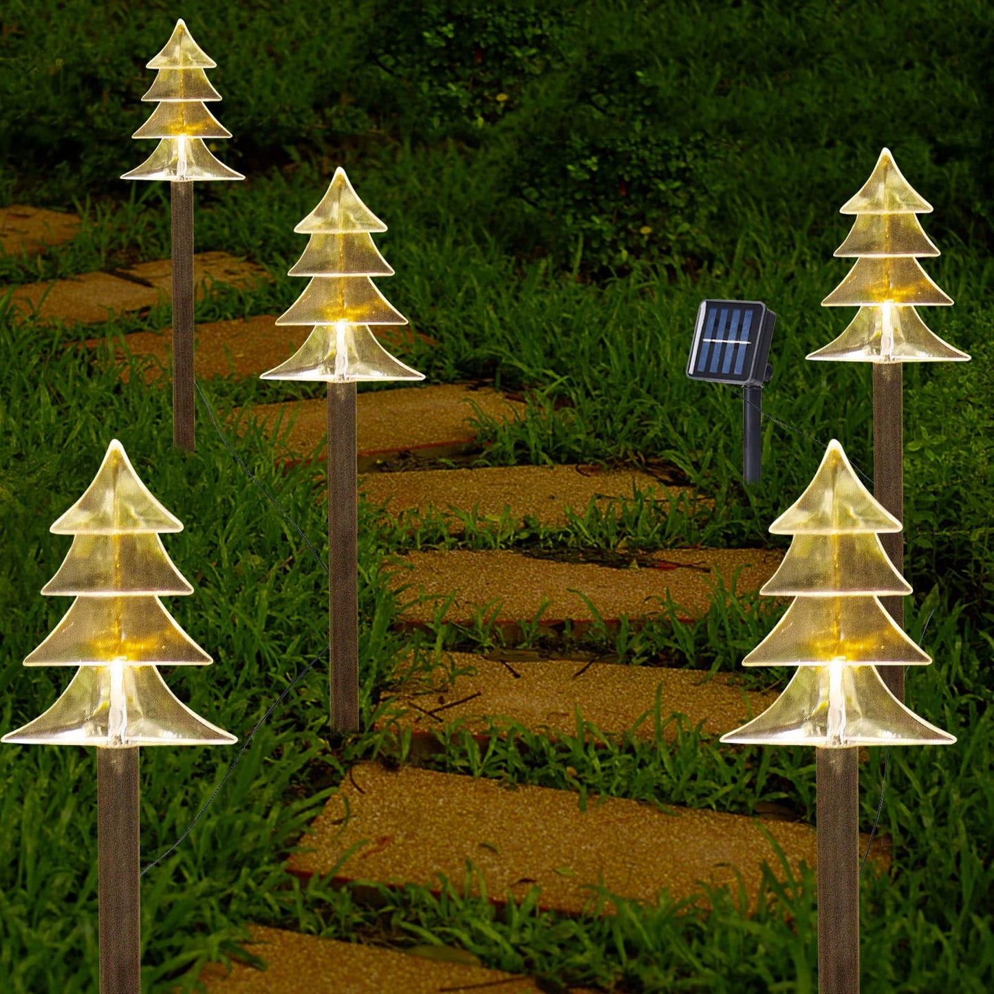 BRIGHTDECK Christmas Solar Pathway Lights Outdoor Decorations, 8 Modes Xmas Tree Candy Lights Waterproof Led Garden Stake Light for Walkway Yard Lawn Porch Holiday Decor (Red Tube Star, 5 Pack)