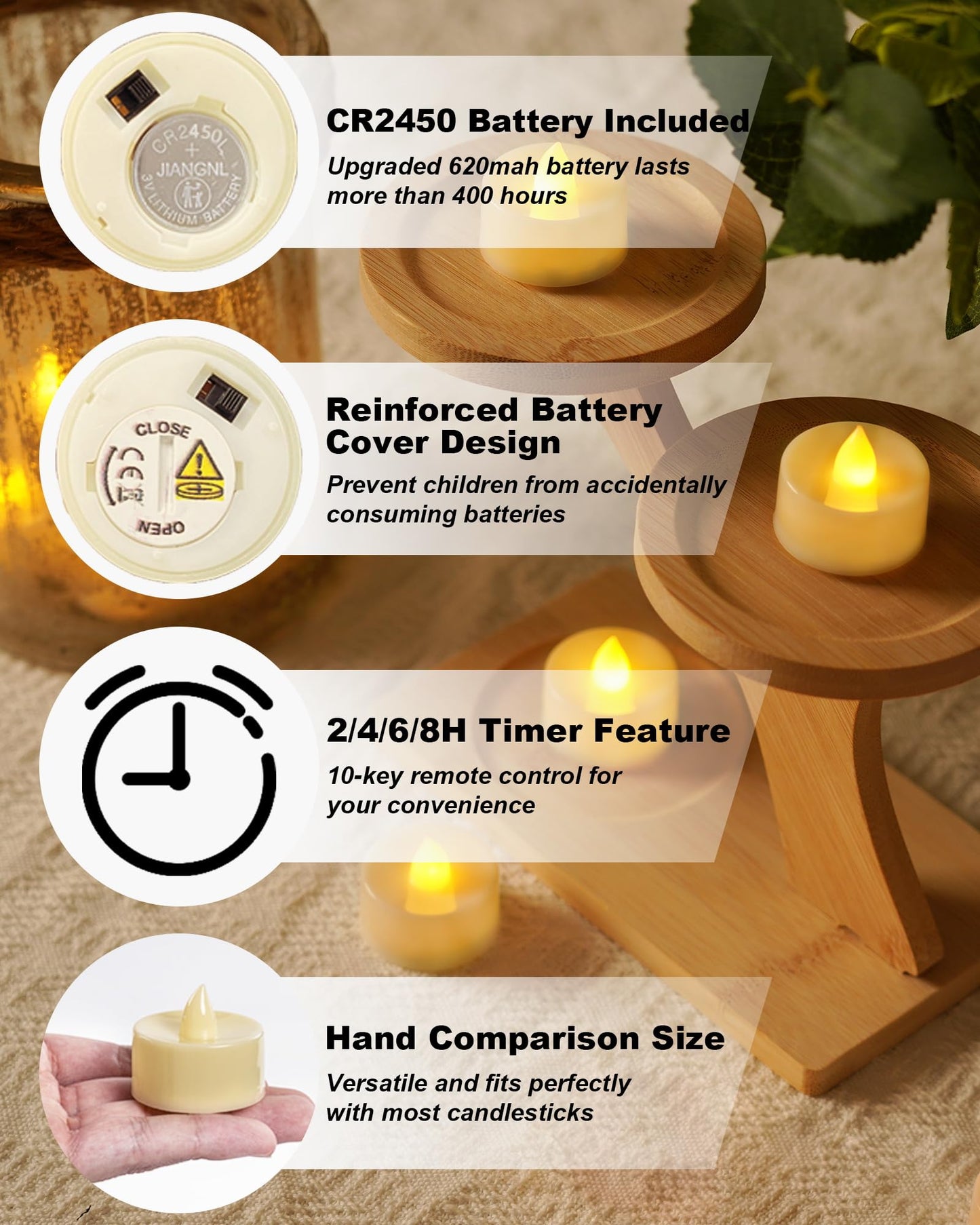 BEICHI Remote Candles, 24 Pack Timer Candle, Flameless Tea Lights Candle Battery Operated, Flickering LED Tea Lights, Timer Battery Votive Candles- Warm White- Ivory Base