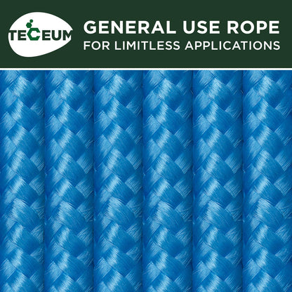 TECEUM Rope – 90 Feet x 1/4 Inch (7mm) – Sky Blue – Strong All-Purpose Utility Rope – Camping, Crafting, Flag Pole, Indoor & Outdoor – Polypropylene Nylon Poly Lightweight Diamond Braided Cord