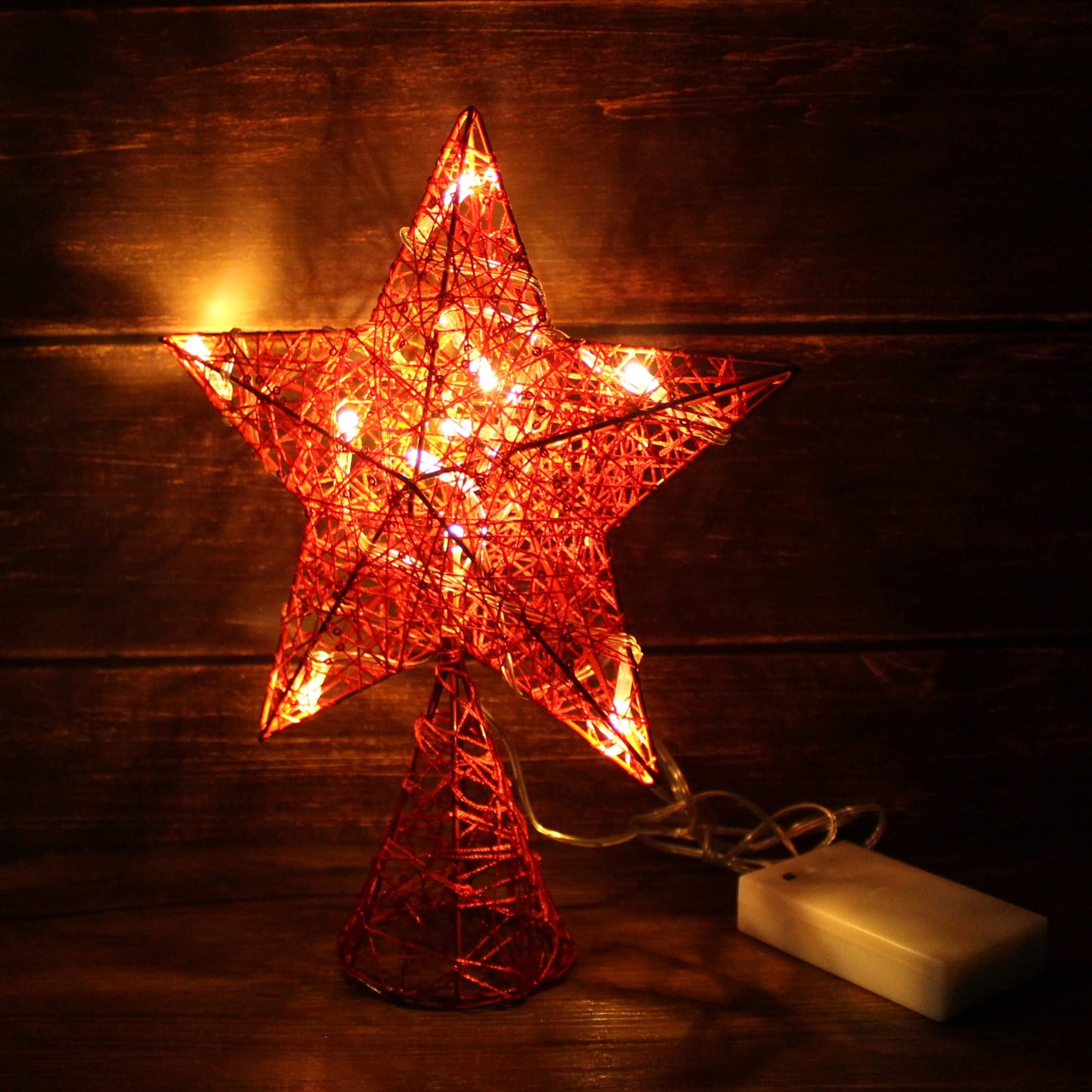 CVHOMEDECO. Red Tree Top Star with Warm White LED Lights and Timer for Christmas Ornaments and Holiday Seasonal Décor, 8 x 10 Inch