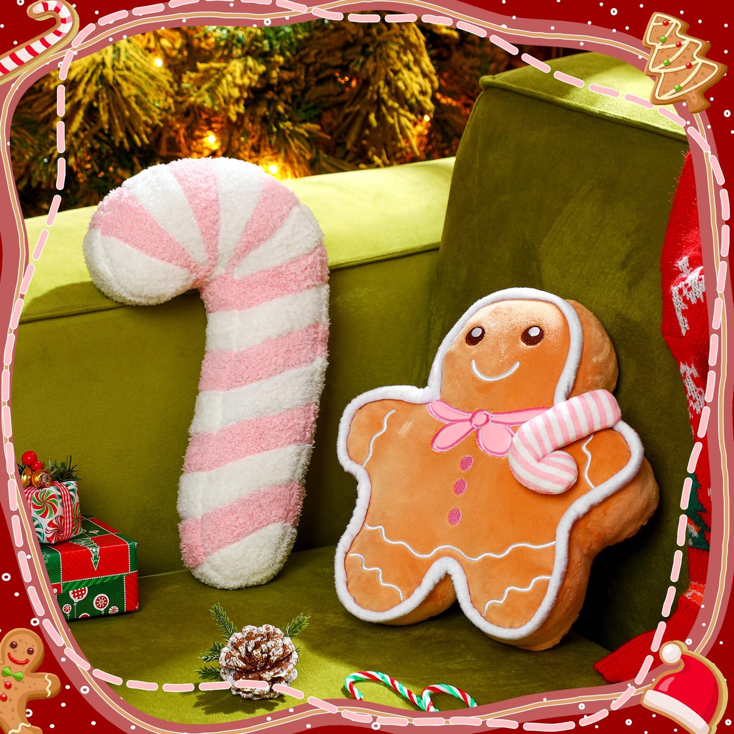 Yalikop 2 Pcs Christmas Gingerbread Man Cane Pillow Christmas Plush Throw Pillow Decorations Couch Sofa Decor Plush Stuffed for Home Winter Holiday Party Decoration