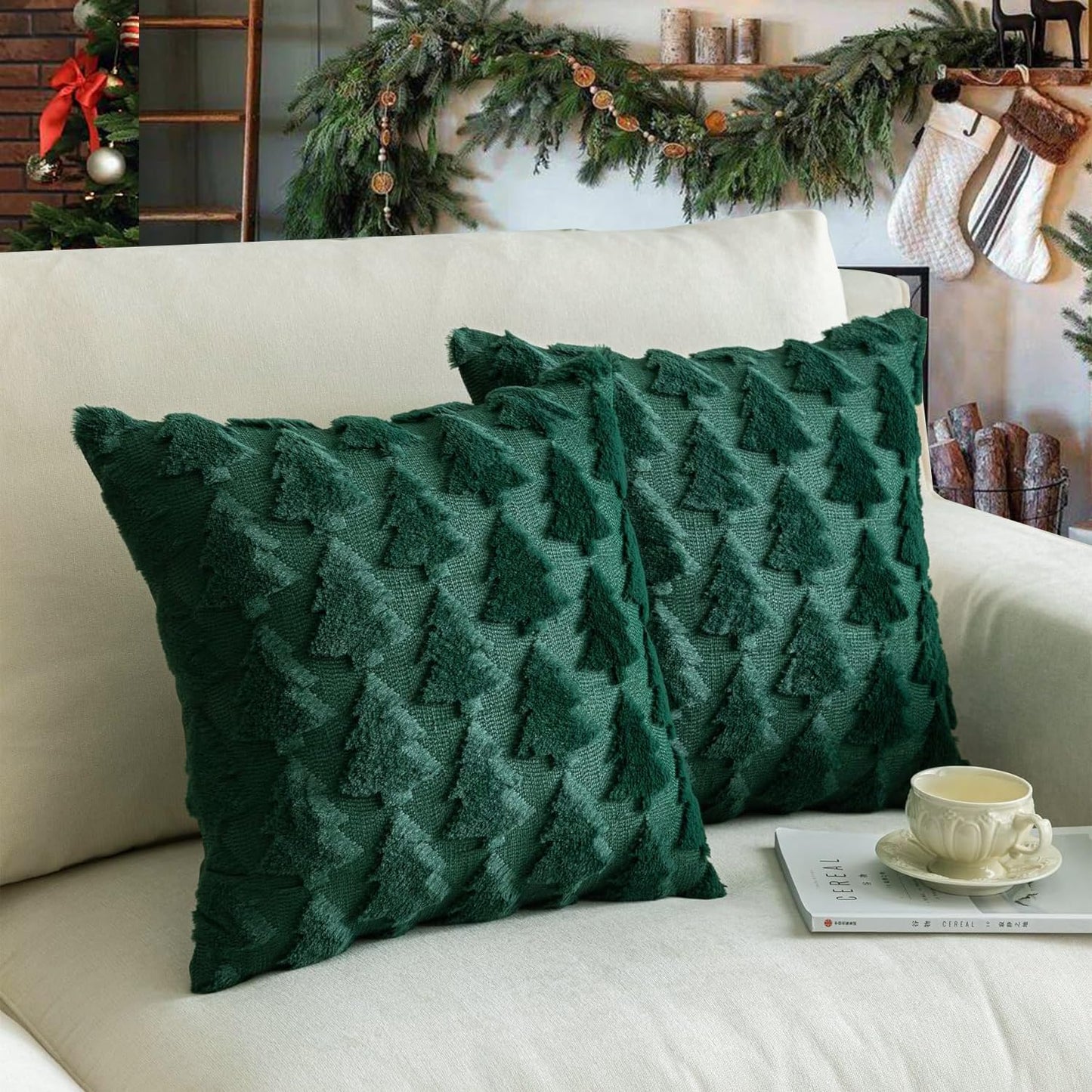 Christmas Pillow Covers 18'' x 18'' Set of 2, Soft Faux Rabbit Fur 3D Embroidery Christmas Tree Throw Pillow Covers for Holiday Christmas Decor Sofa, Couch, Skin-Friendly, Invisible Zipper