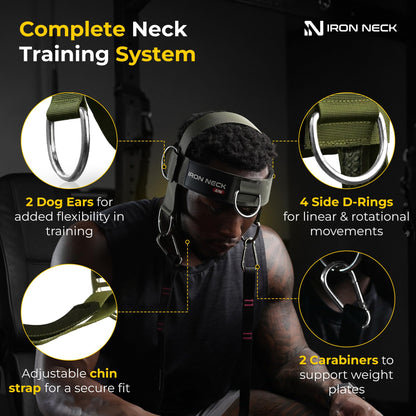 Iron Neck Neck Trainer, Exerciser, & Strengthener with Adjustable Head and Chin Strap - Portable Head Harness for Weight Lifting, Home, & Gym Use - Exercise & Workout Equipment (Alpha, Green)
