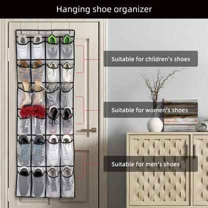 SAVERHO Over The Door Shoe Organizer, Hanging Shoe Organizer with 24 Mesh Large Pockets Door Shoe Rack Organizer for Men Women Kids Hanging Shoe Storage Bag.(White