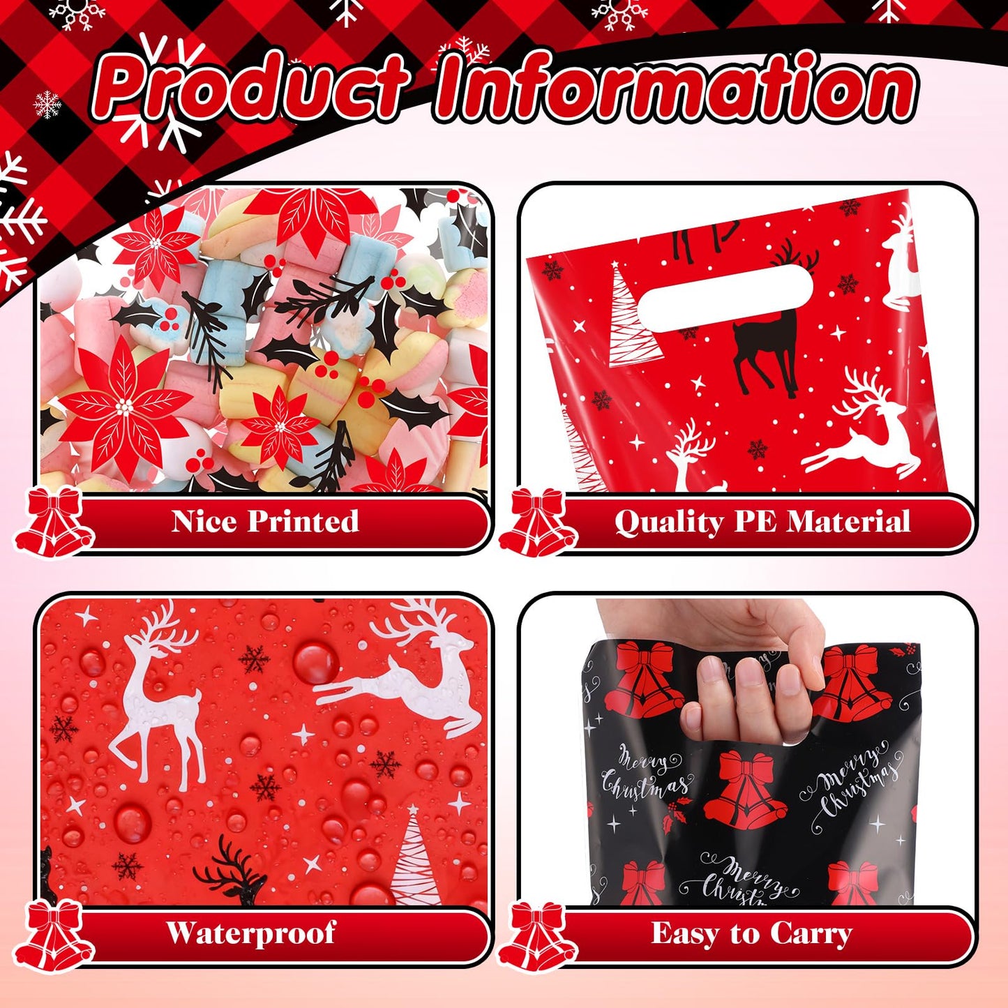 Teenyyou 60 Pcs Christmas Party Gift Bags Plastic Poinsettias Treat Bags Plaid Snowflakes Bells Reindeer Candy Goodie Handbags for Festive Holiday Winter Theme Favors Supplies
