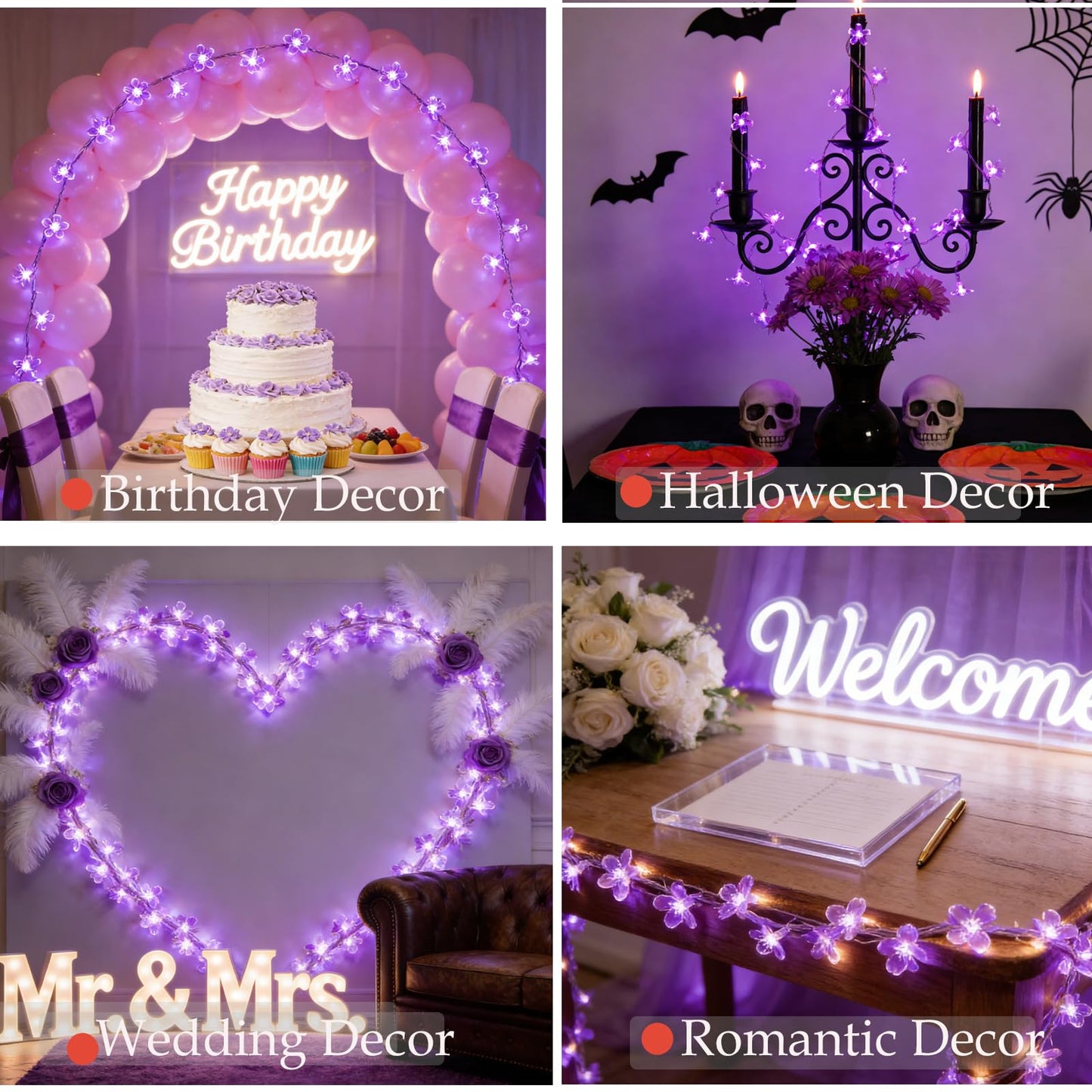 Decorative Connectable 33ft Purple Flower String Lights with 100 LEDs, Memory Function & 8 Modes. Perfect for Bedroom, Christmas, Weddings, Valentine's & Garden Indoor Outdoor Hanging Decorations
