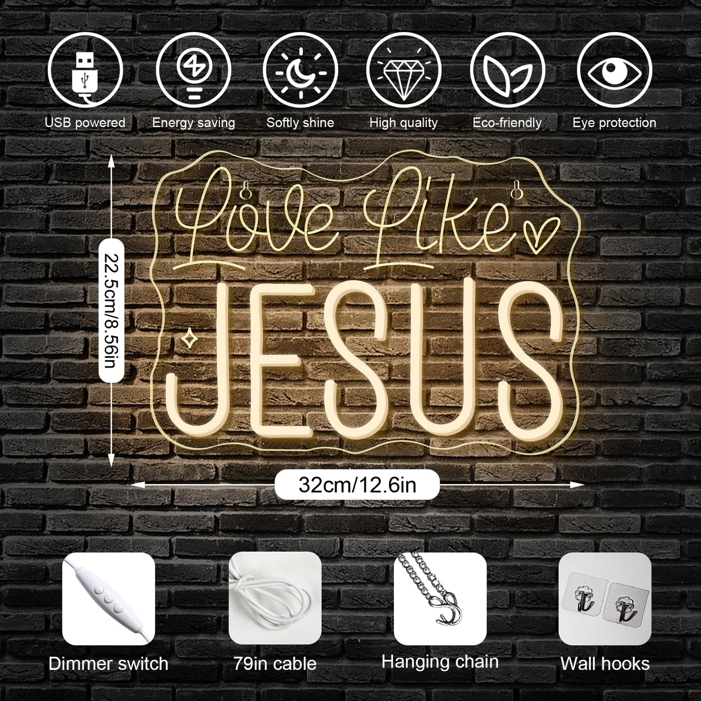 Horseneon Love Like JESUS Neon Sign - Scripture LED Wall Decor for Churches, Home Altars & Christian Gifts, USB-Powered Adjustable Brightness, Faith-Based Lighting