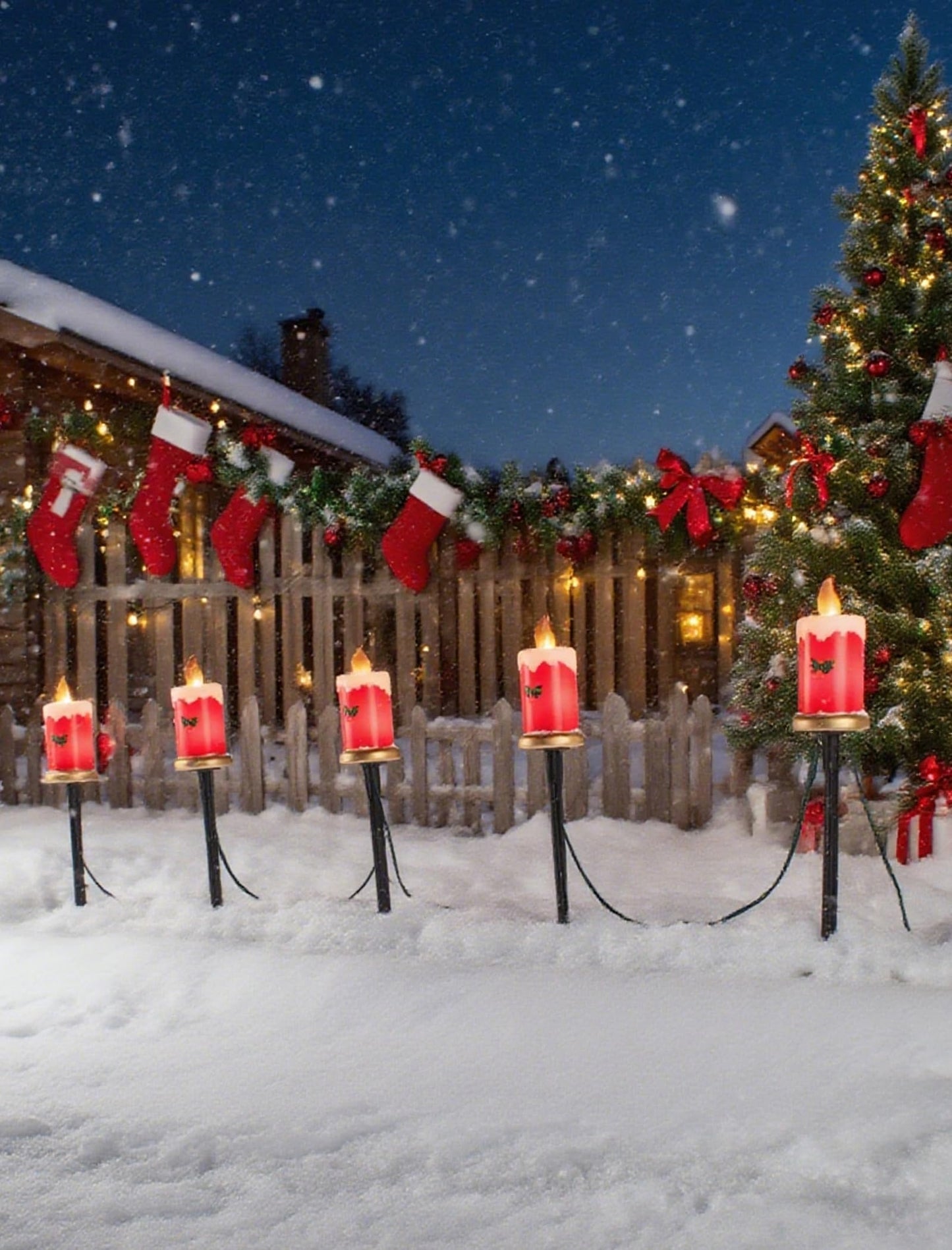 Hobbynors Set of 5 Christmas Candle Pathway Lights, Classic Red Outdoor Christmas Decorations for Yard, Weatherproof C7 LED Garden Stakes for Holiday Entryway & Walkway