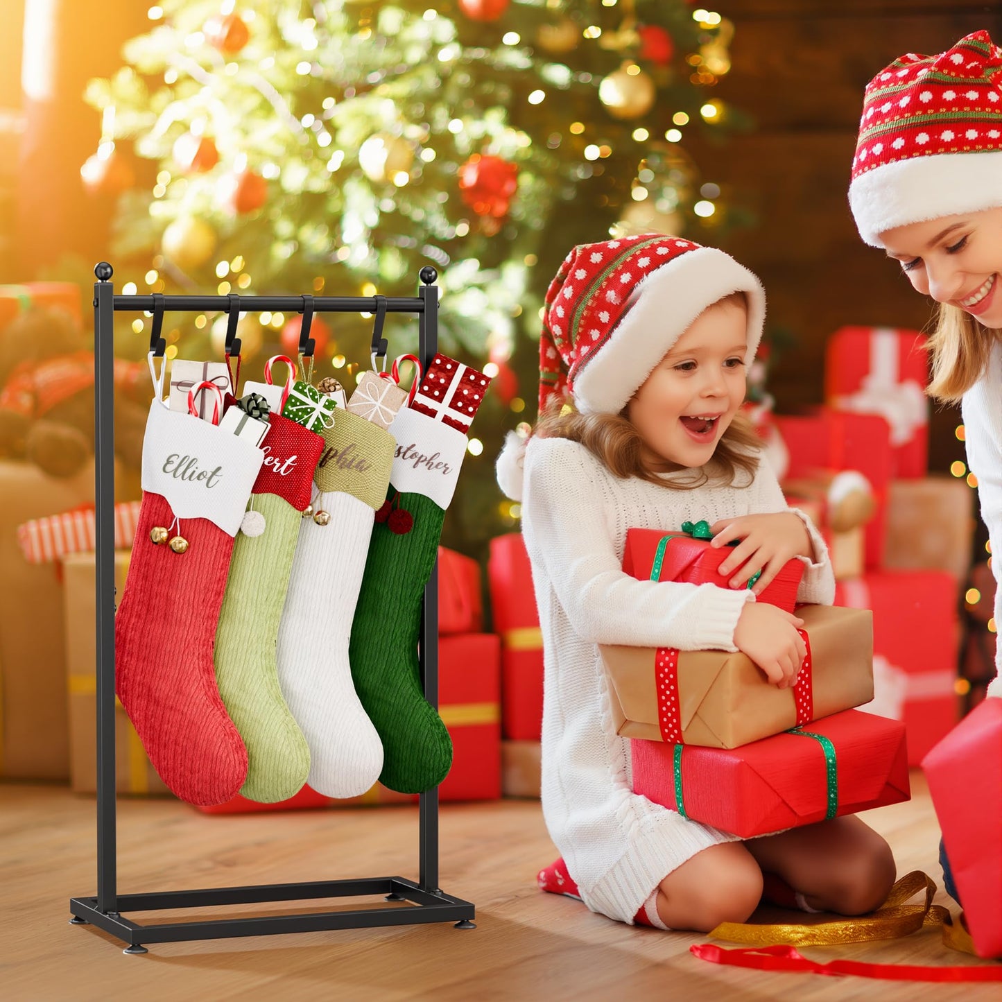 LAND·VOI Christmas Stocking Holder for Floor, Free Standing Metal Stocking Hanger with 4 Removable Hooks, Stable Base & Adjustable Feet, Black