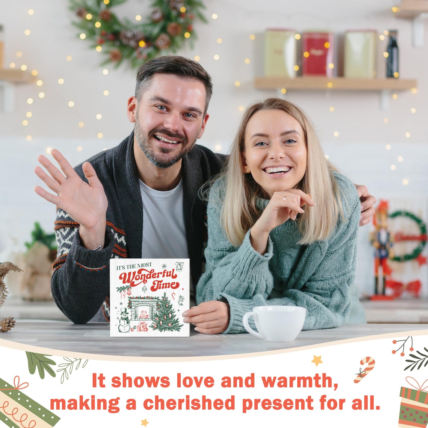 OXRUN Christmas Table Decorations, It's The Most Wonderful Time Wooden Box Sign Decorative, Xmas Holiday Gifts for Women Men Home Office Shelf Decor 6 x 6 Inches - F03