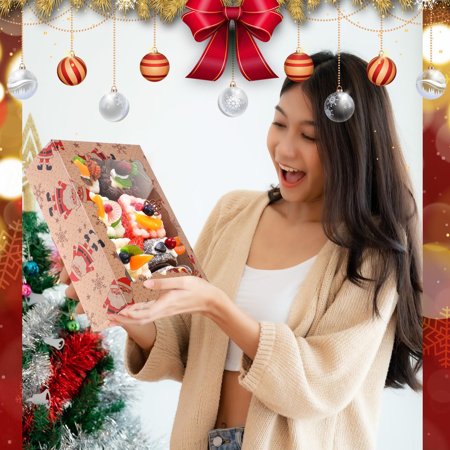 Gersoniel 24 Pieces Christmas Cookie Boxes with Window 8.5 x 6 x 2.5 Inch Kraft Christmas Treat Boxes for Gift Giving Holiday Cookie Containers Tins Cupcake Box for Gift Donut Xmas Party Supplies