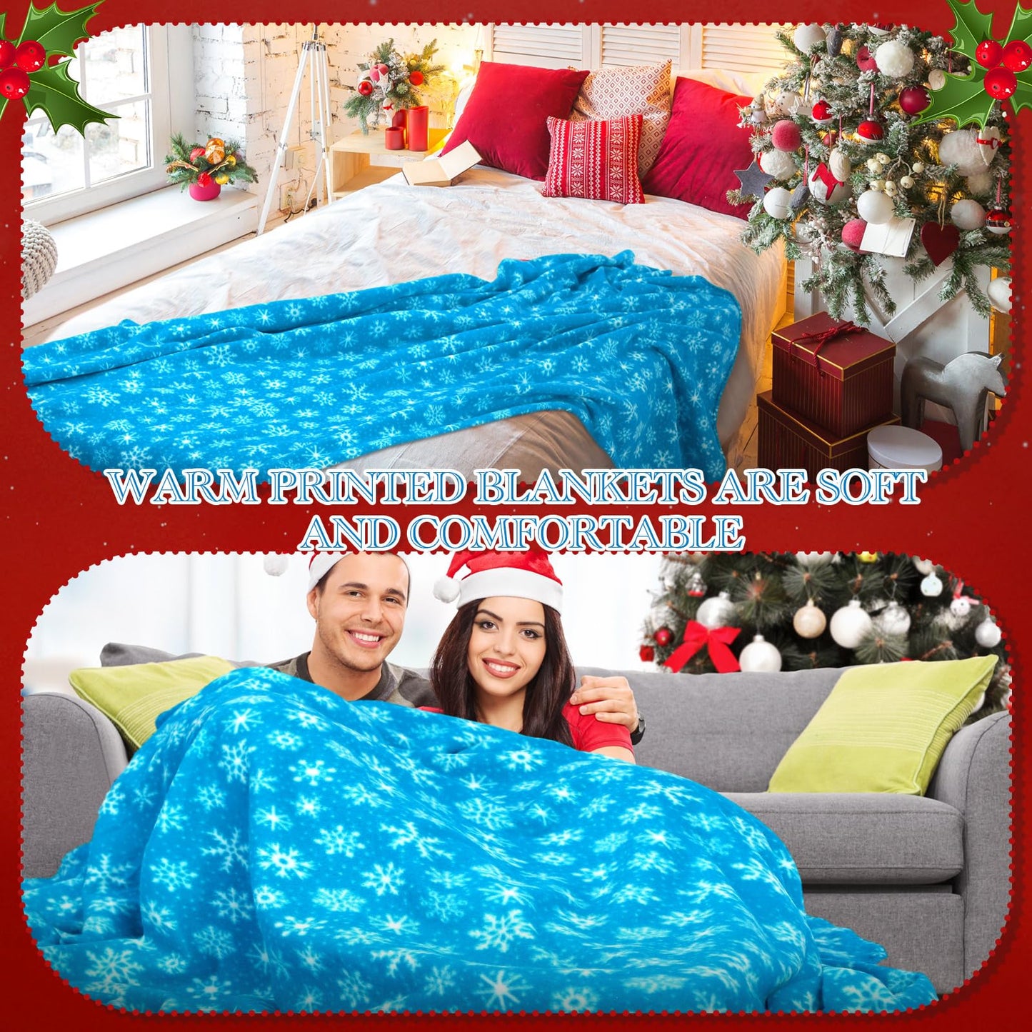 Moukeren 24 Pcs Christmas Snowflake Throw Blanket Bulk, 59 x 47 Inch Xmas Winter Throw Blanket Christmas Warm Soft Cozy Fleece for Home Bedding Couch Chair Gift (Blue)