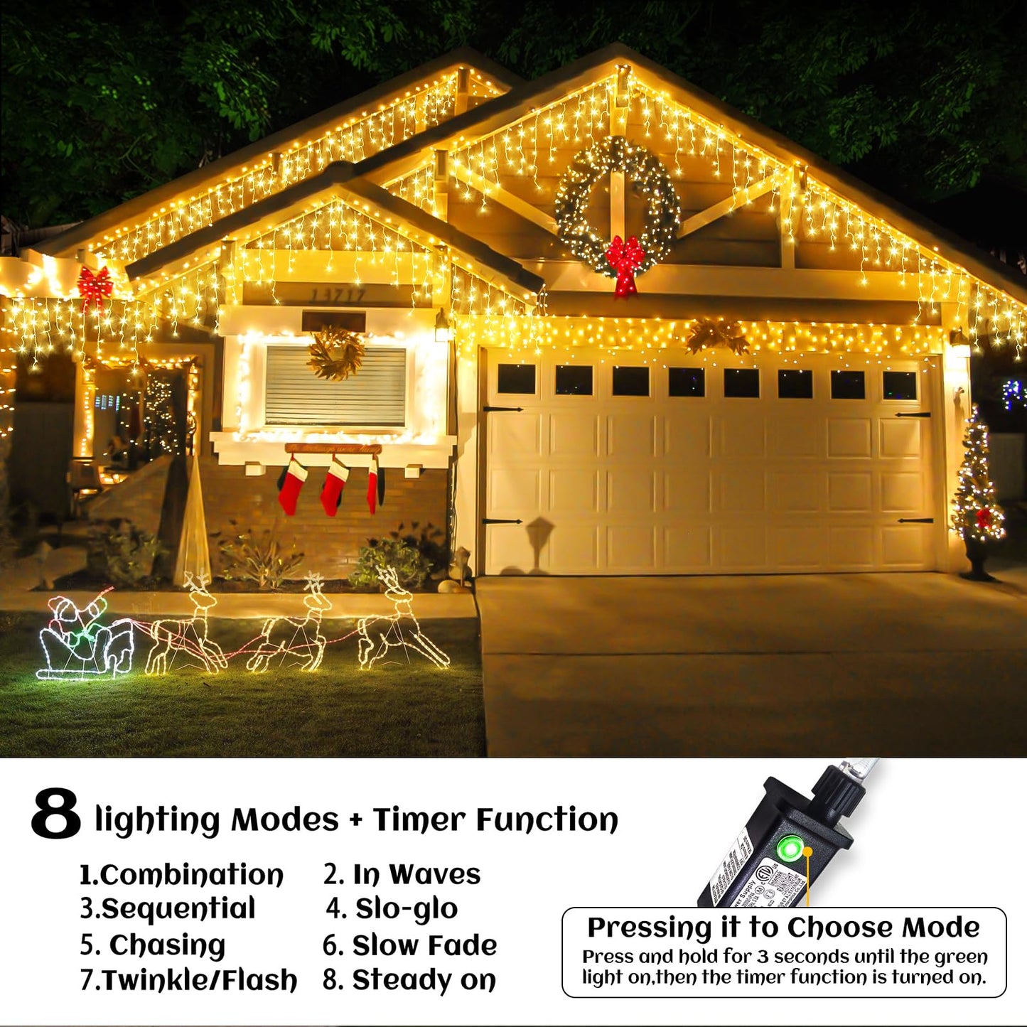 Nielfoi Icicle lights Outdoor - 33ft Christmas Lights with 400LED 75 Drops 8 Modes, Plug in Curtain String Lights Waterproof for Holiday Wedding Party Home Garden Bedroom Indoor Decoration, Warm White