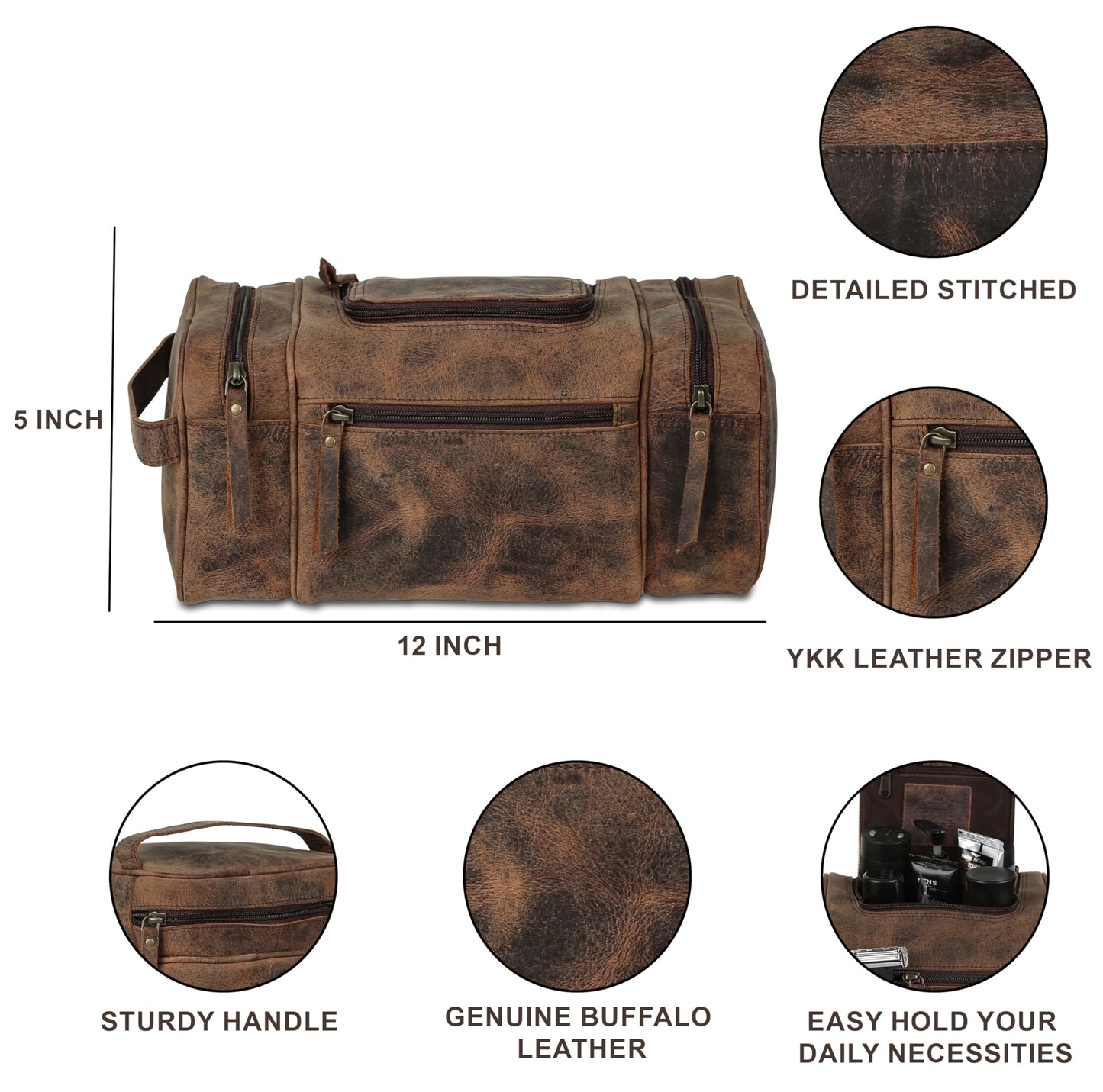 KomalC Extra-Large Leather Toiletry Bag for Men & Women – Luxury Travel Dopp Kit with Multi-Compartment Storage, Waterproof Lining & Premium YKK Zippers – Unisex Toiletry & Cosmetic Organizer