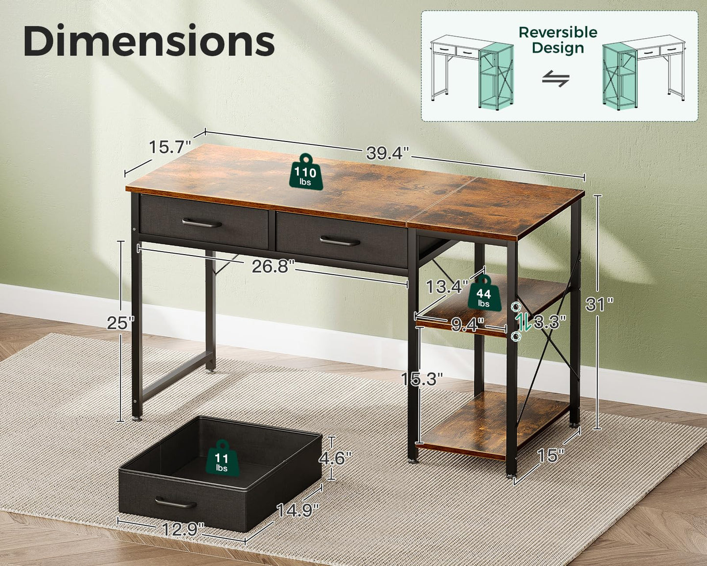 Coleshome Small Computer Desk with Drawers, 40 Inch Reversible Home Office Desk with Storage Shelves, Study Laptop Desk for Bedroom Small Space, Rustic Brown