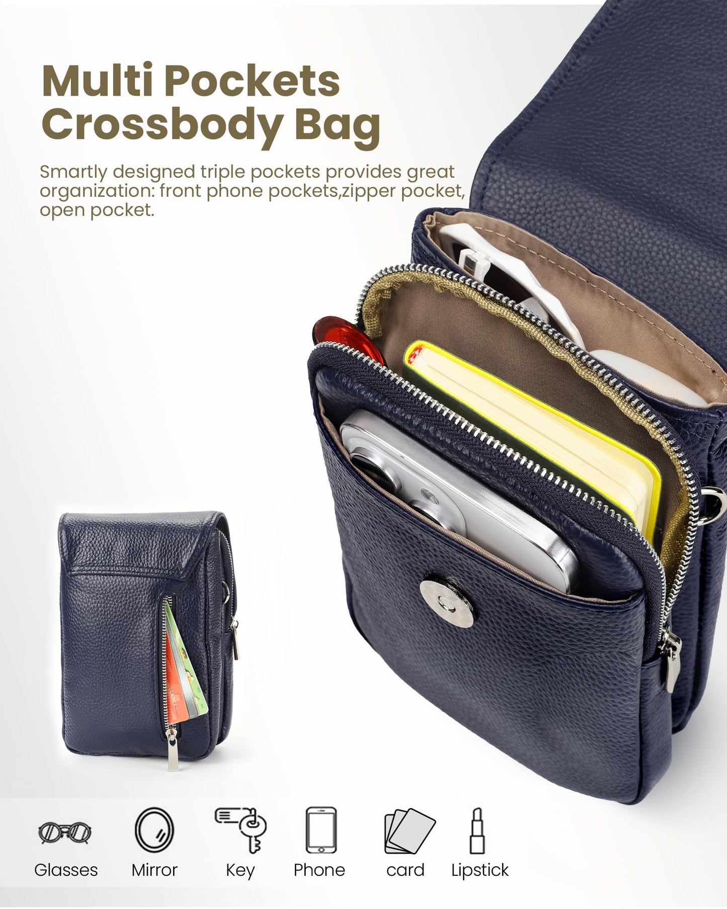 befen Small Genuine Leather Crossbody Bag Woman Cell Phone Crossbody Wallet Purses with Adjustable Shoulder Strap Navy Blue