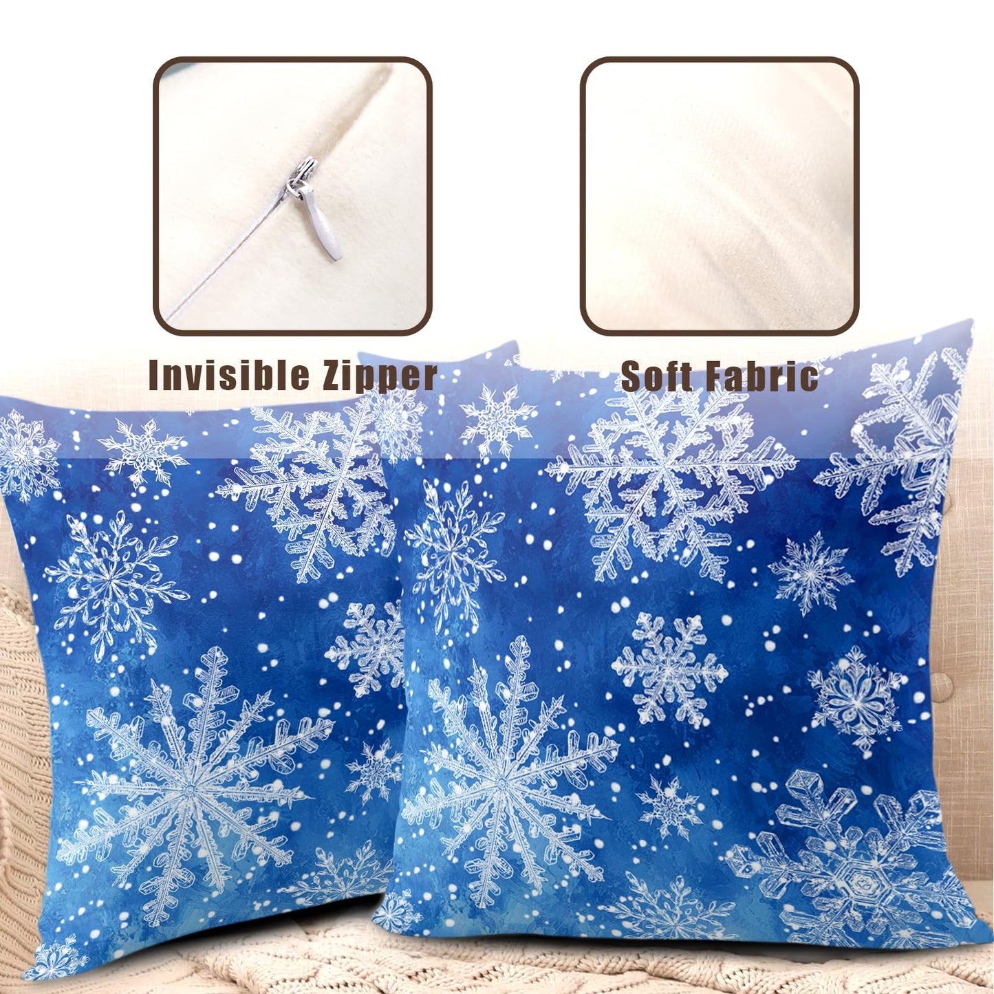 Wnoesat Winter Blue Snowflake Throw Pillow Covers 18x18 Set of 2 Merry Christmas Snowflakes Decorative Pillow Cases Xmas Holiday Outdoor Pillowcase for Farmhouse Living Room Decor