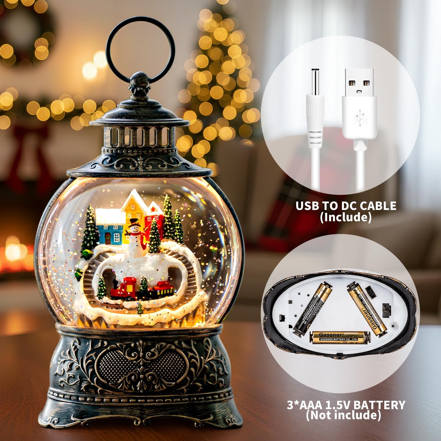 Christmas Village Snow Globe Lantern – LED Musical Swirling Glitter Water Globe, Snowy Village with Train, Battery or USB Powered, Auto Timer – Tabletop Decor & Gift