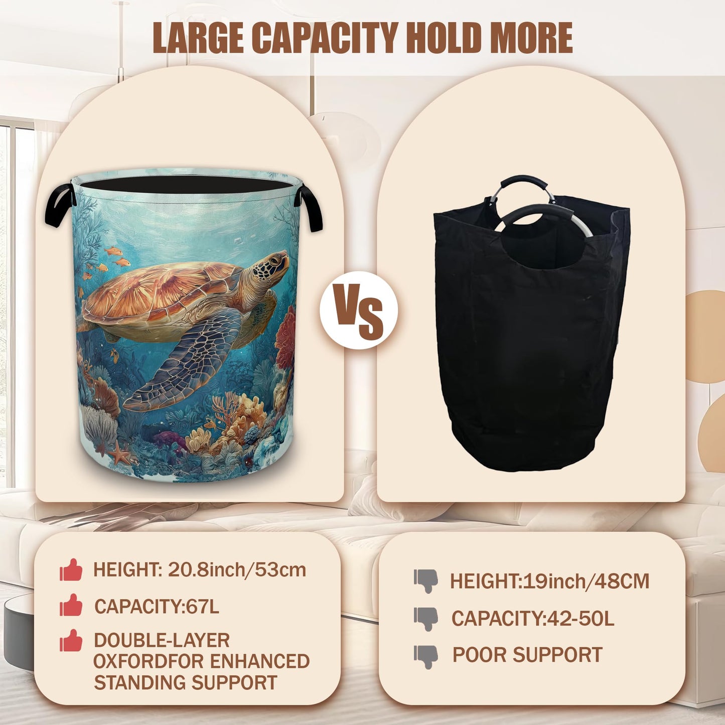 Sea Turtle Coral Ocean Laundry Hamper,Laundry Baskets,Waterproof Oxford Cloth Toy Storage for Bedroom,Bathroom,Nursery,16x20.8 Inch